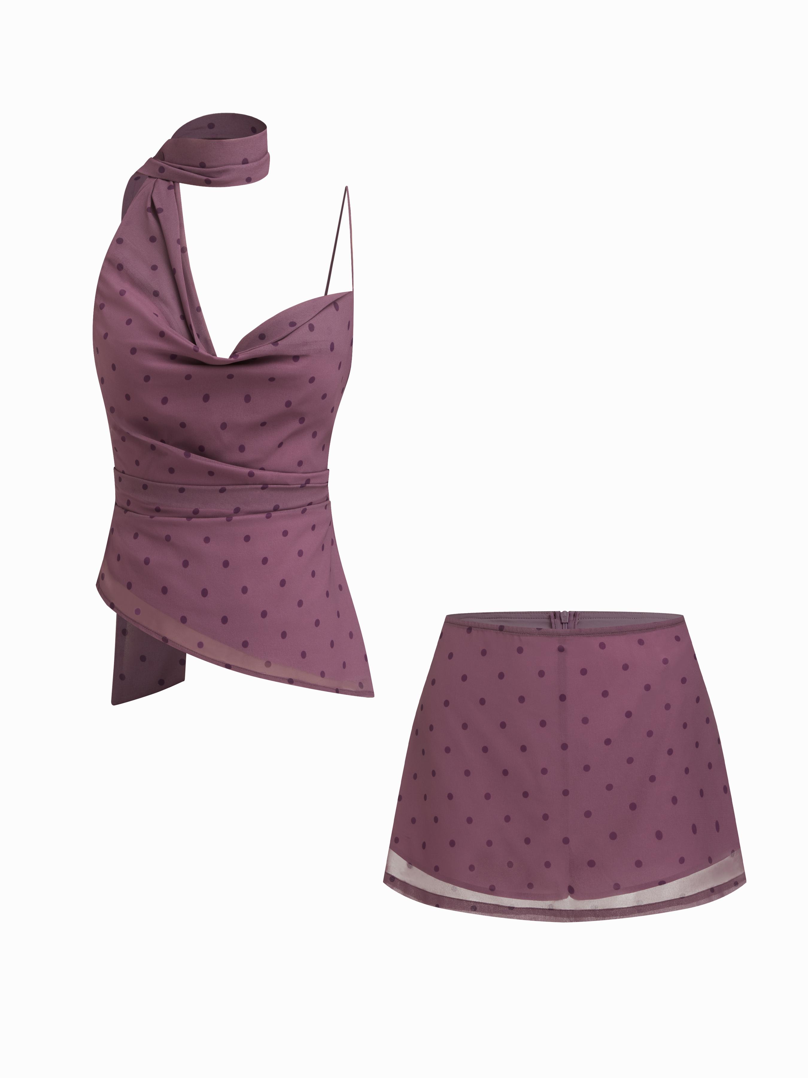 Cowl Neck Ruched Polka Dot Cami Top With Scarf & Mid Rise Mini Skort Set by CIDER