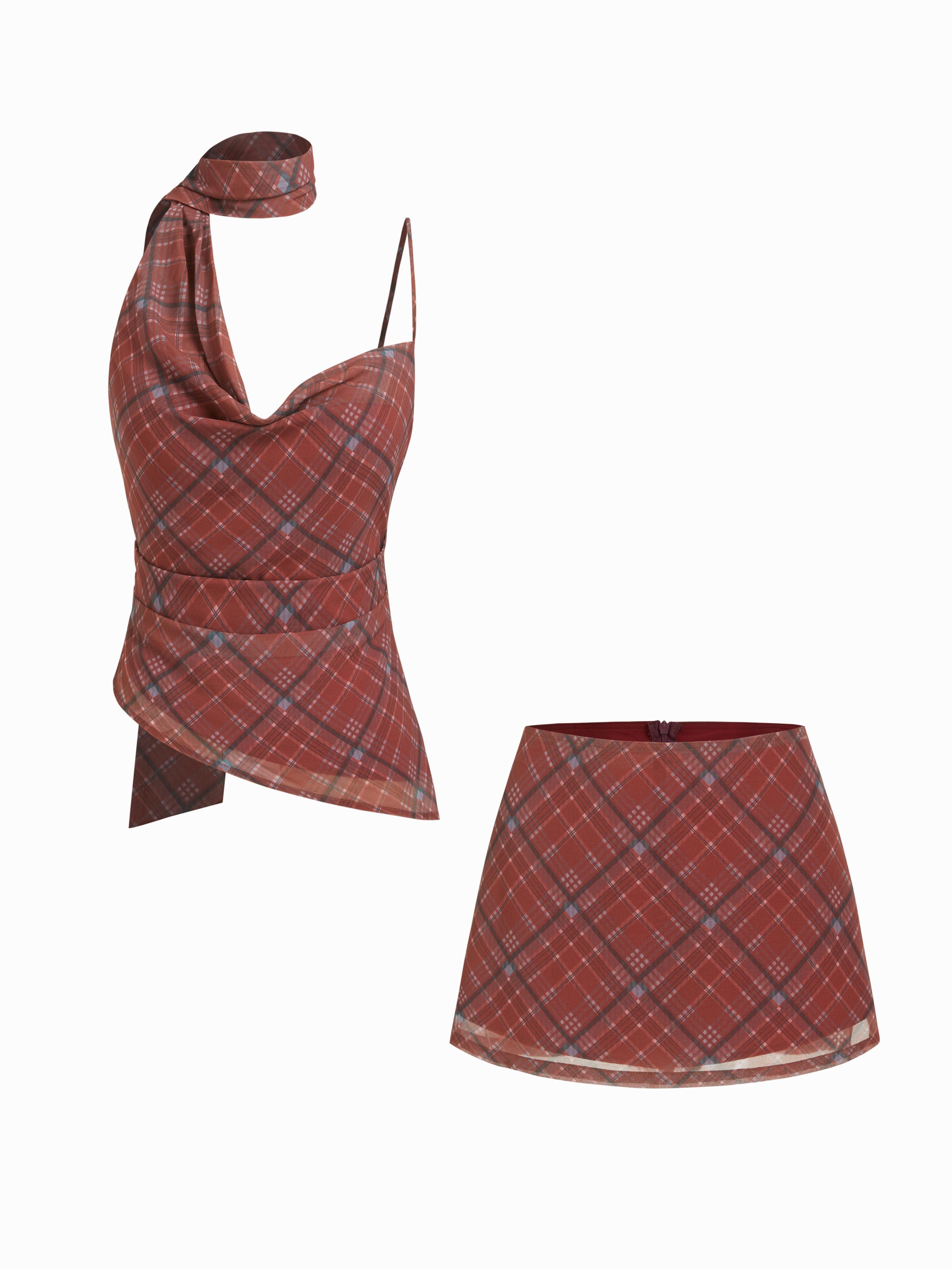 Cowl Neck Ruched Polka Dot Cami Top With Scarf & Mid Rise Mini Skort Set by CIDER