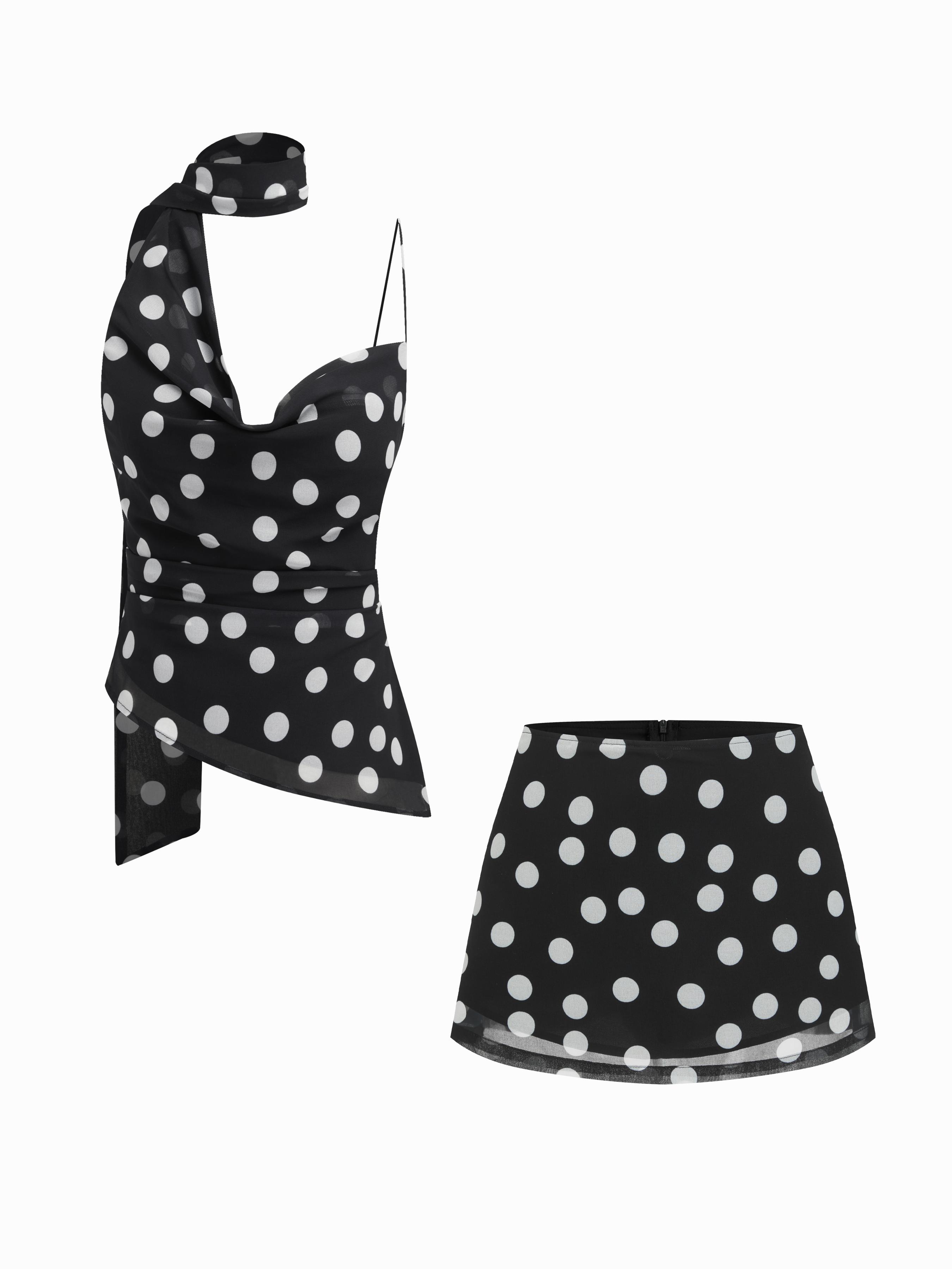 Cowl Neck Ruched Polka Dot Cami Top With Scarf & Mid Rise Mini Skort Set by CIDER