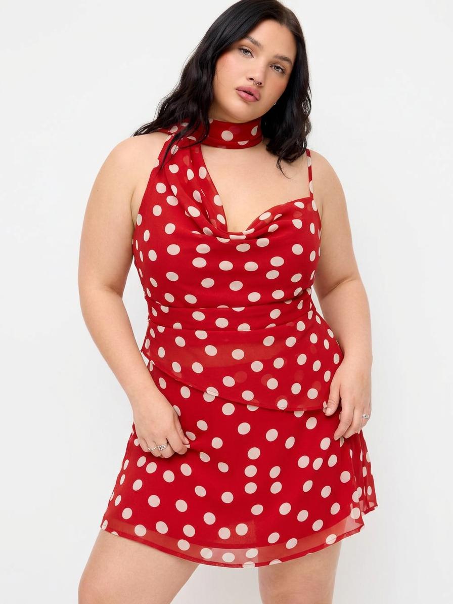 Cowl Neck Ruched Polka Dot Cami Top With Scarf & Mid Rise Mini Skort Set Curve & Plus by CIDER
