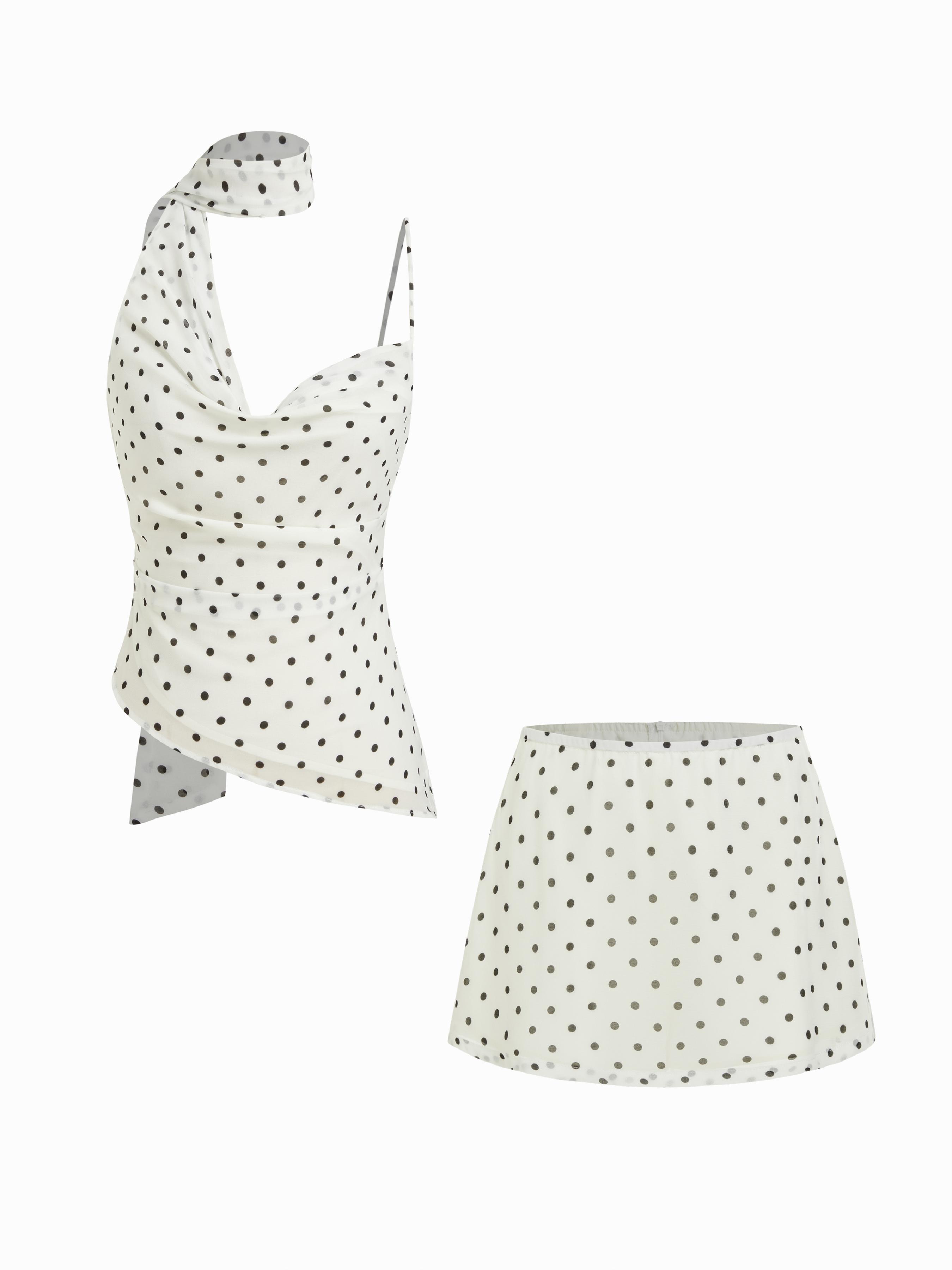 Cowl Neck Ruched Polka Dot Cami Top With Scarf & Mid Rise Mini Skort Set by CIDER