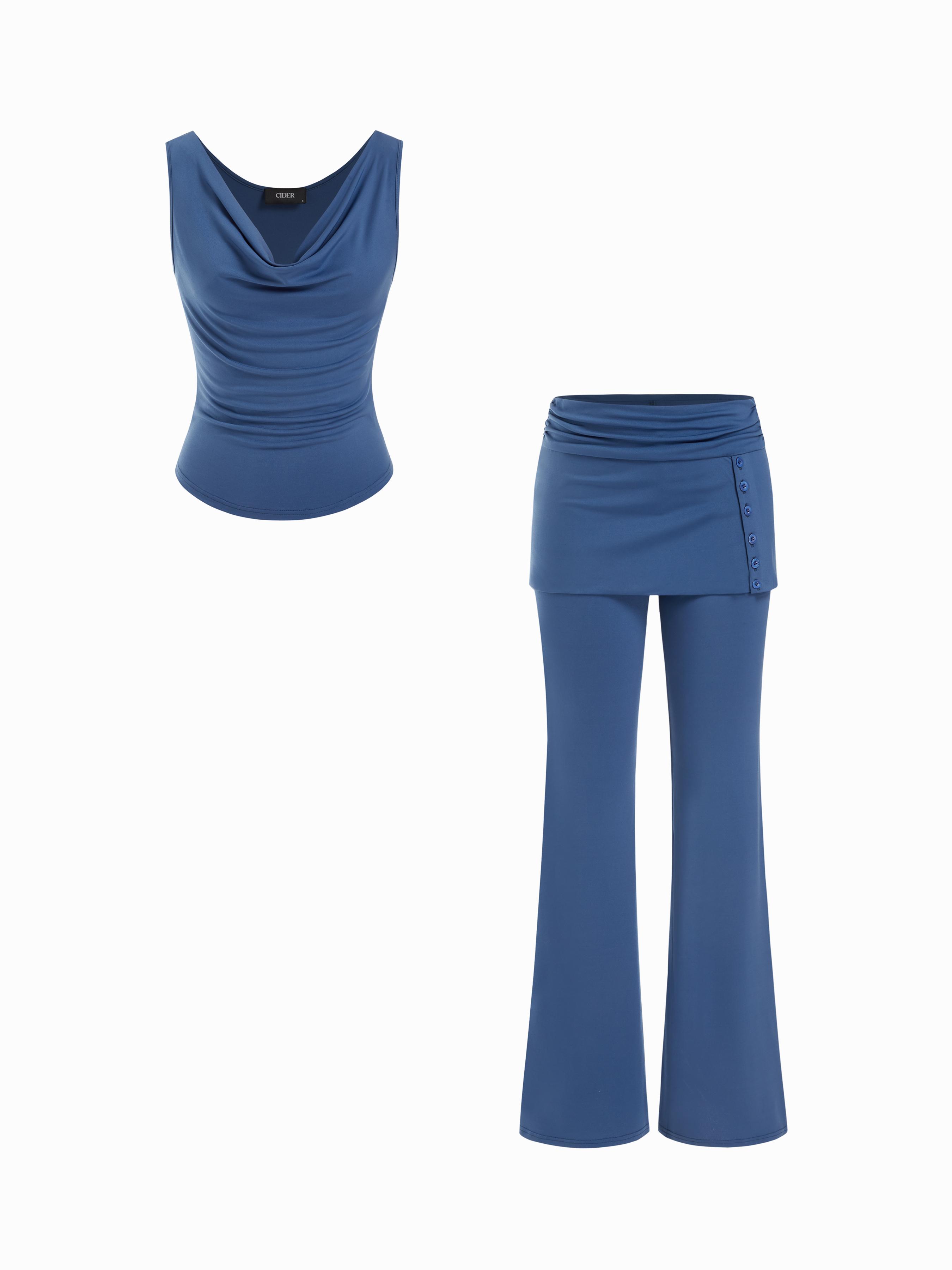 Cowl Neck Ruched Sleeveless Top & Low Rise Layered Flared Trousers Set by CIDER