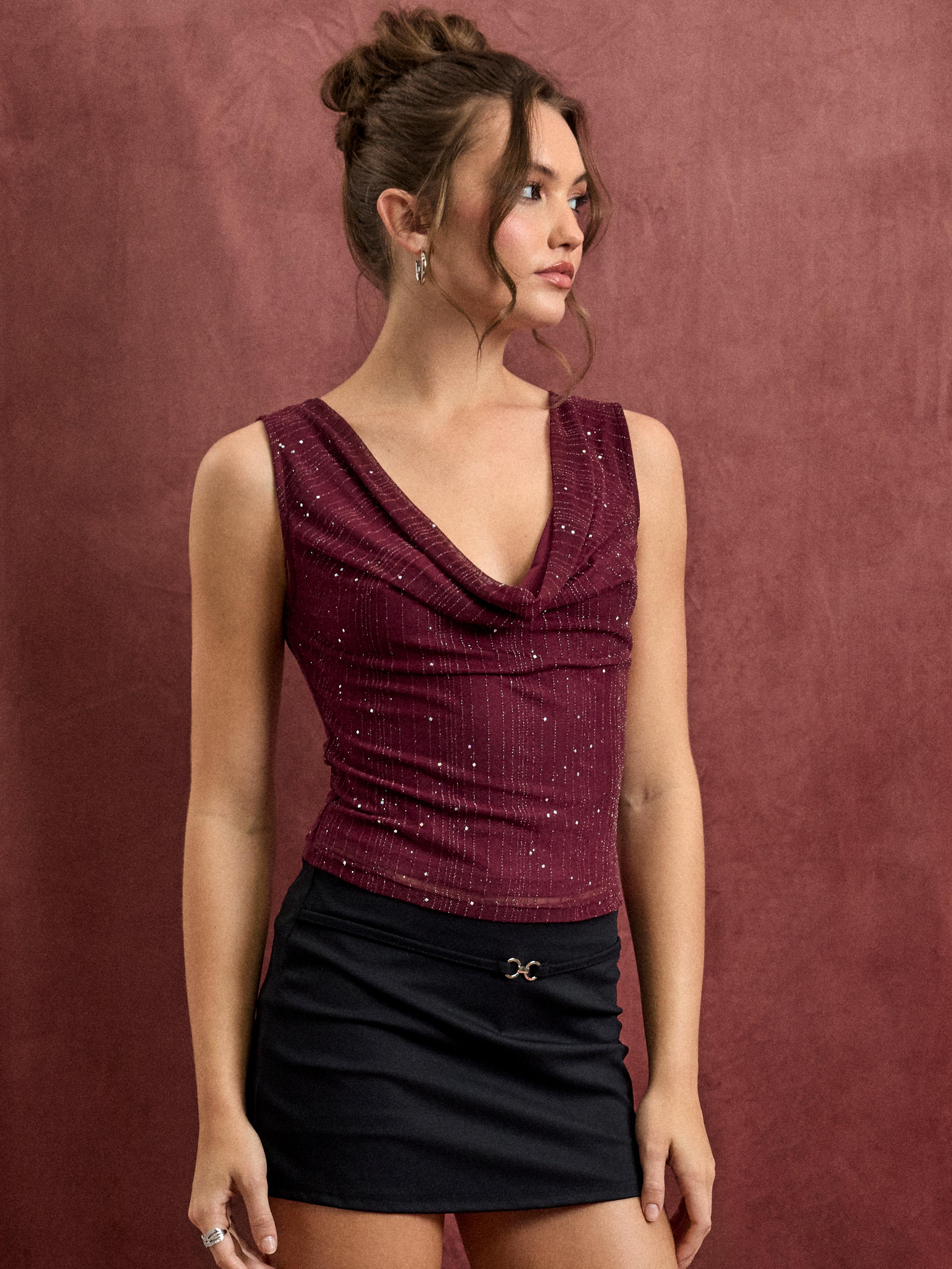 Cowl Neck Ruched Tank Top With Rhinestone by CIDER