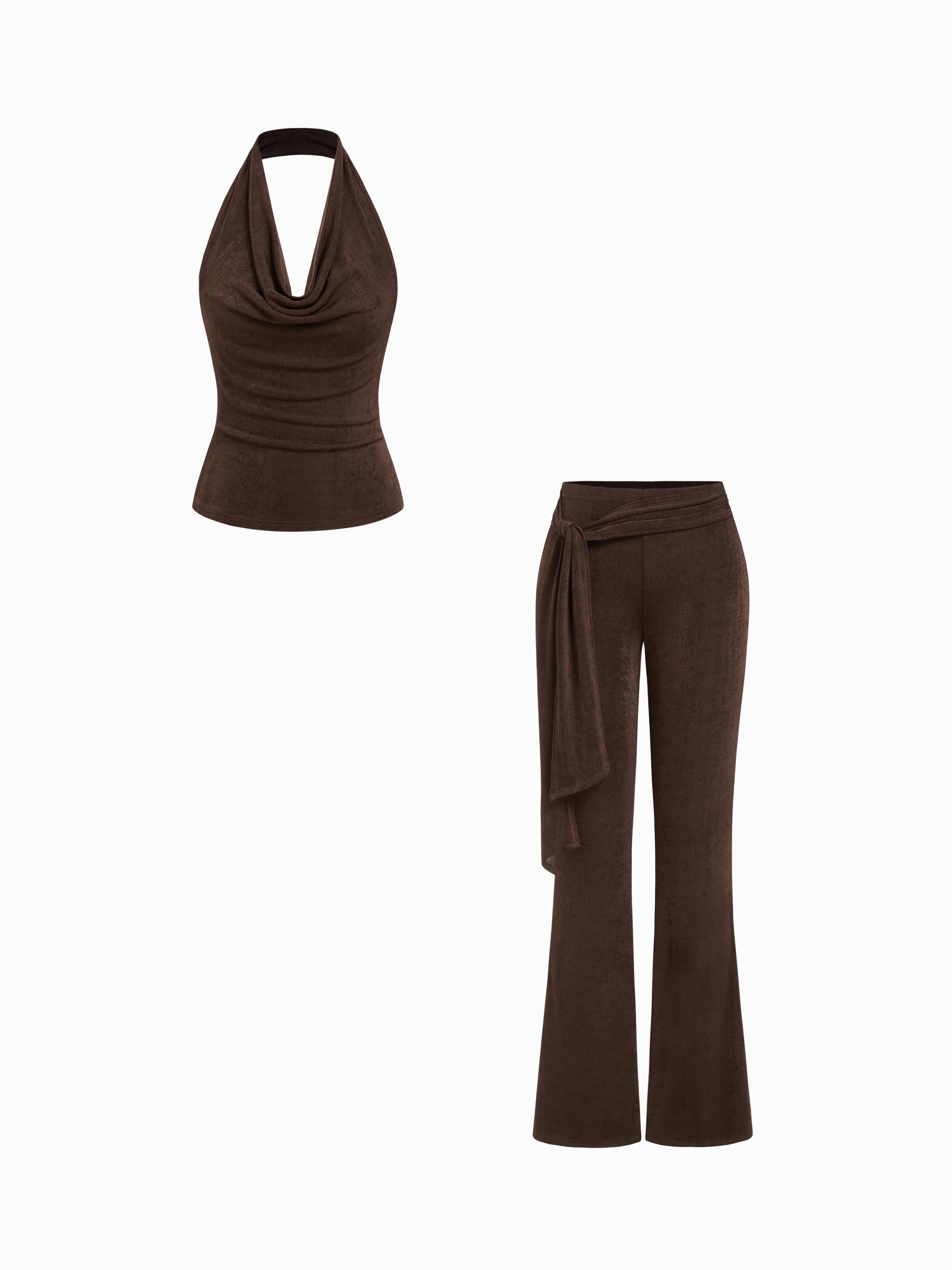 Cowl Neck Ruched Top & Knot Asymmetrical Flared Trousers Set by CIDER