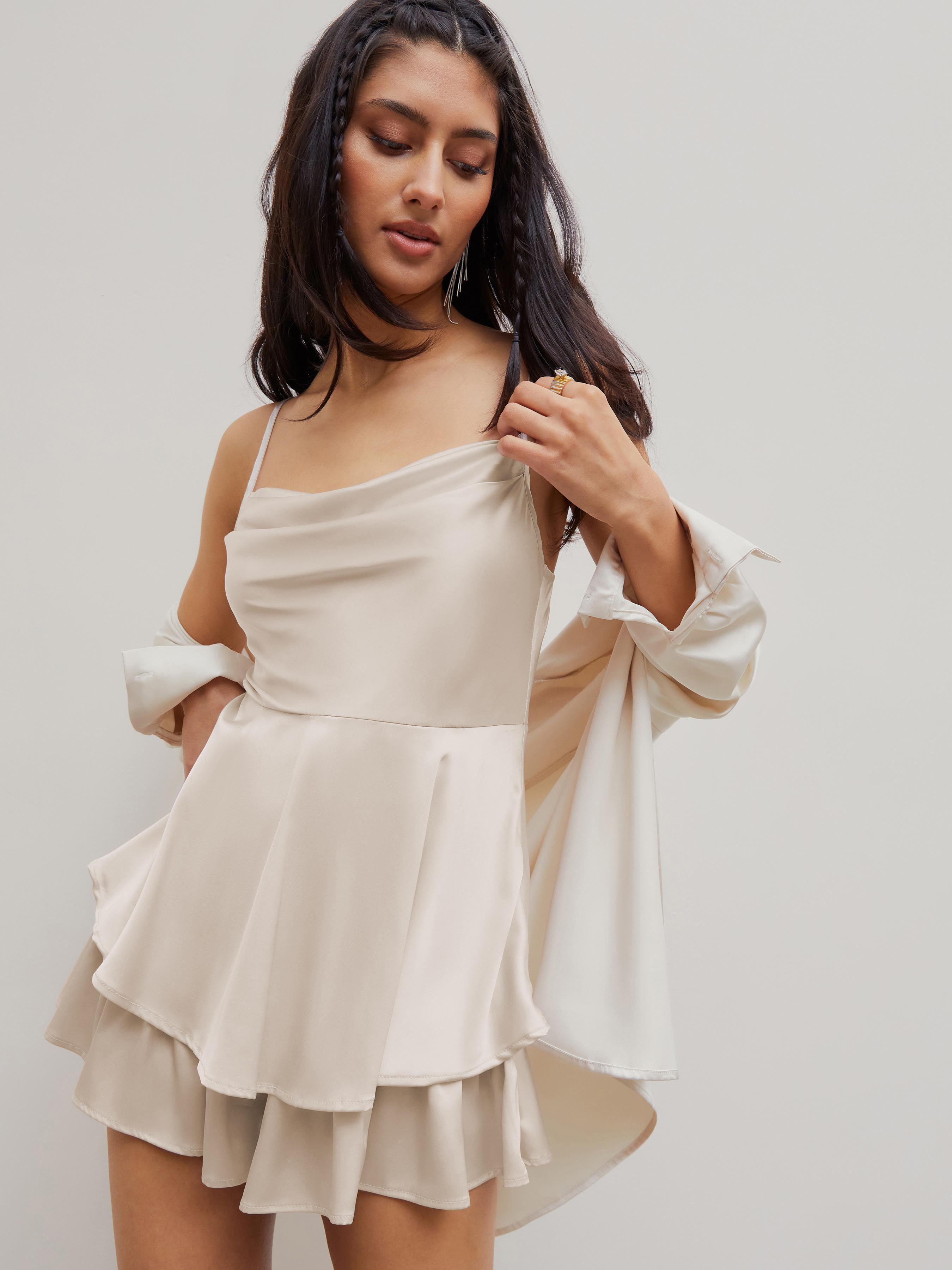 Cowl Neck Satin Layered Romper by CIDER