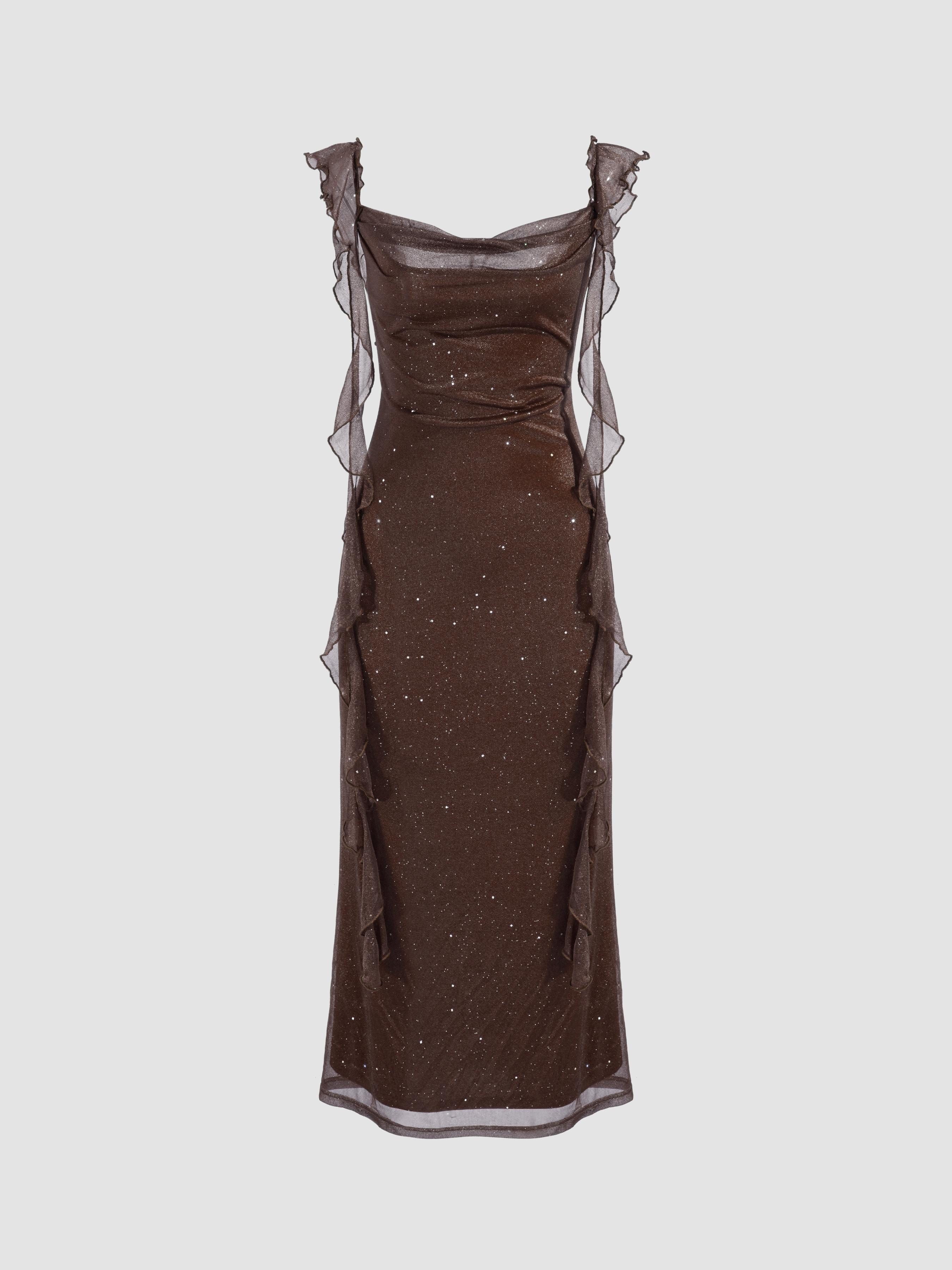 Cowl Neck Solid Glitter Ruffle Hem Maxi Dress by CIDER Cowl Neck Solid Glitter Ruffle Hem Maxi Dress by CIDER