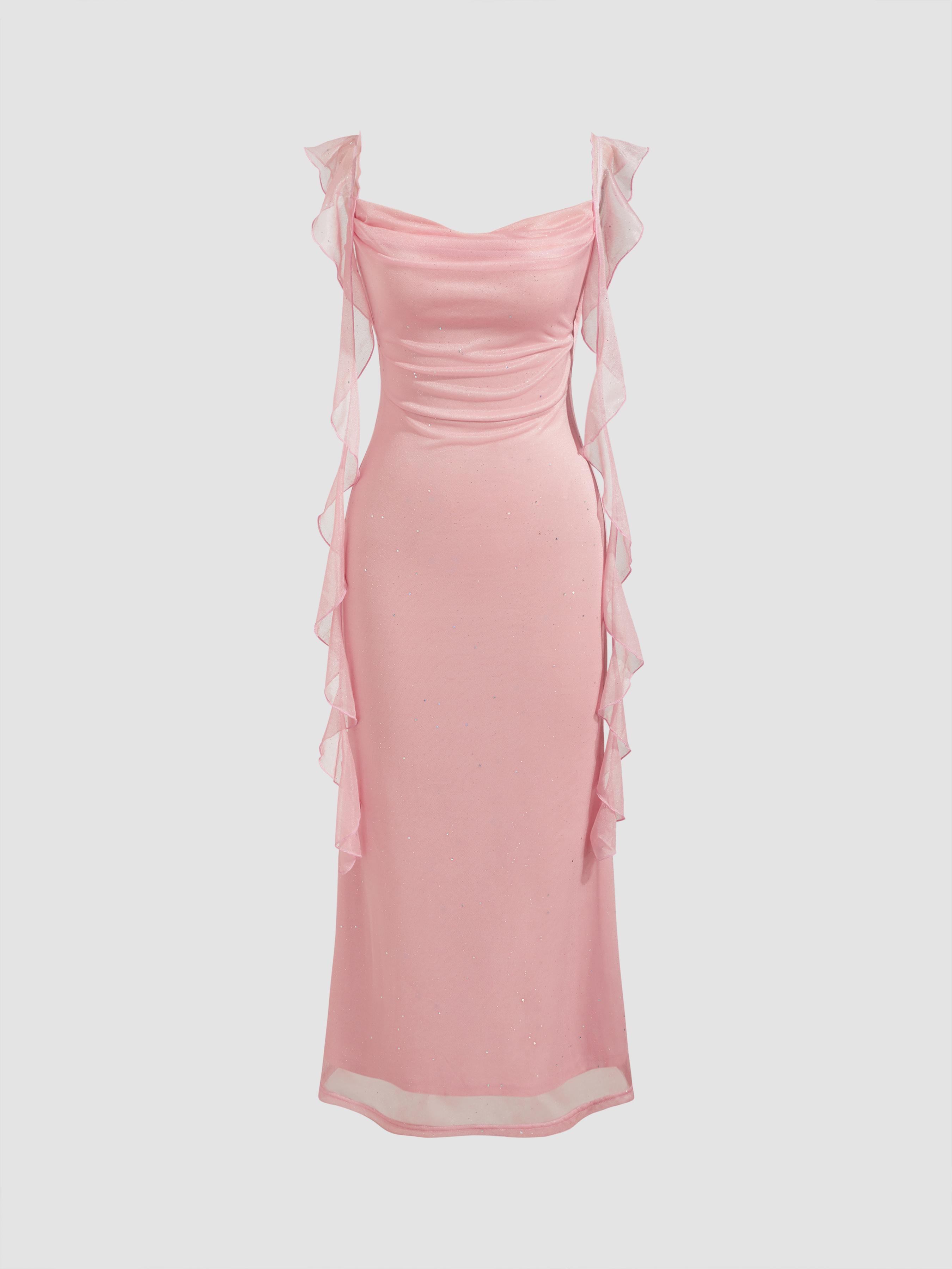 Cowl Neck Solid Glitter Ruffle Hem Maxi Dress by CIDER