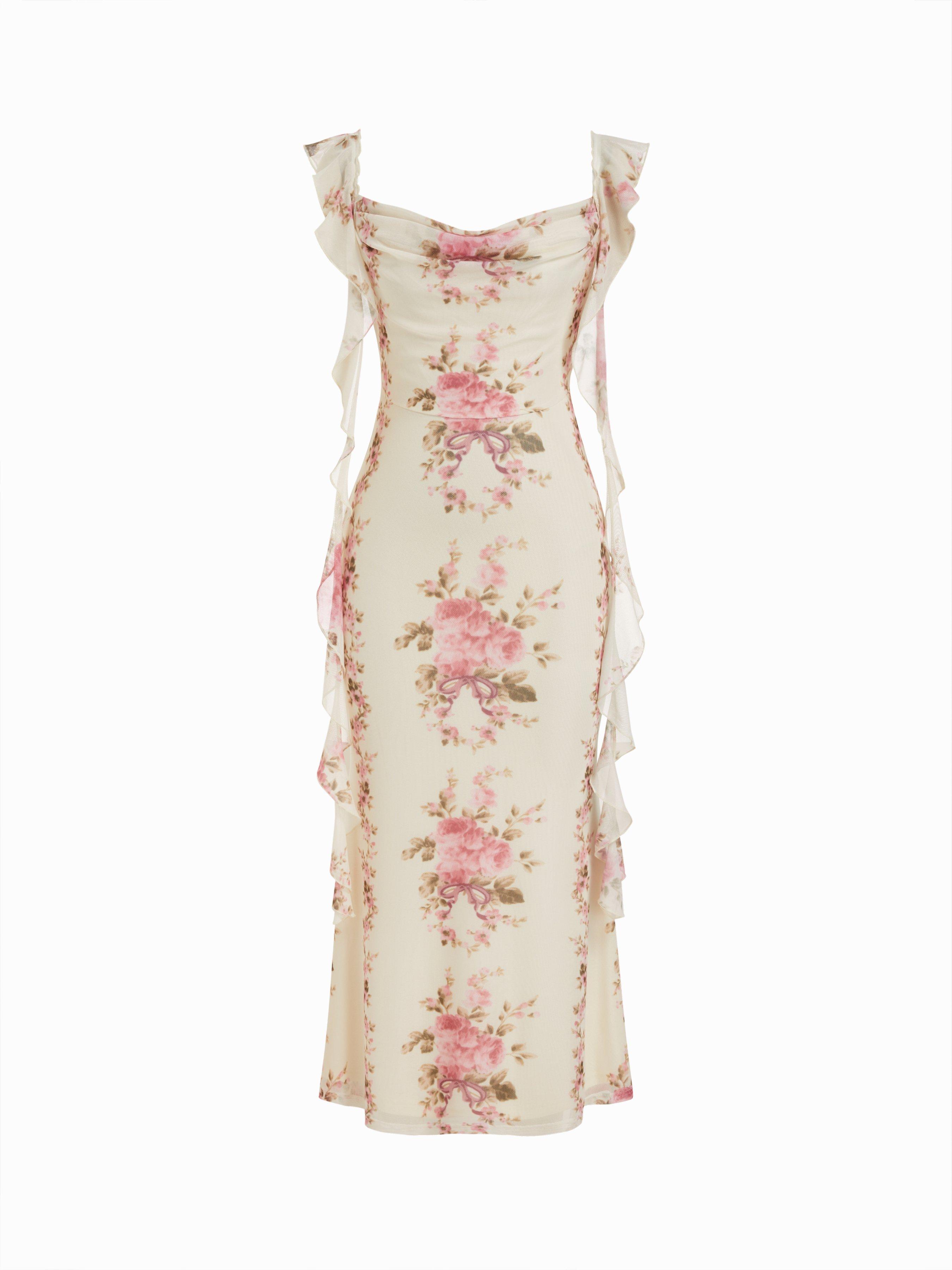 Cowl Neck Solid Glitter Ruffle Hem Maxi Dress by CIDER