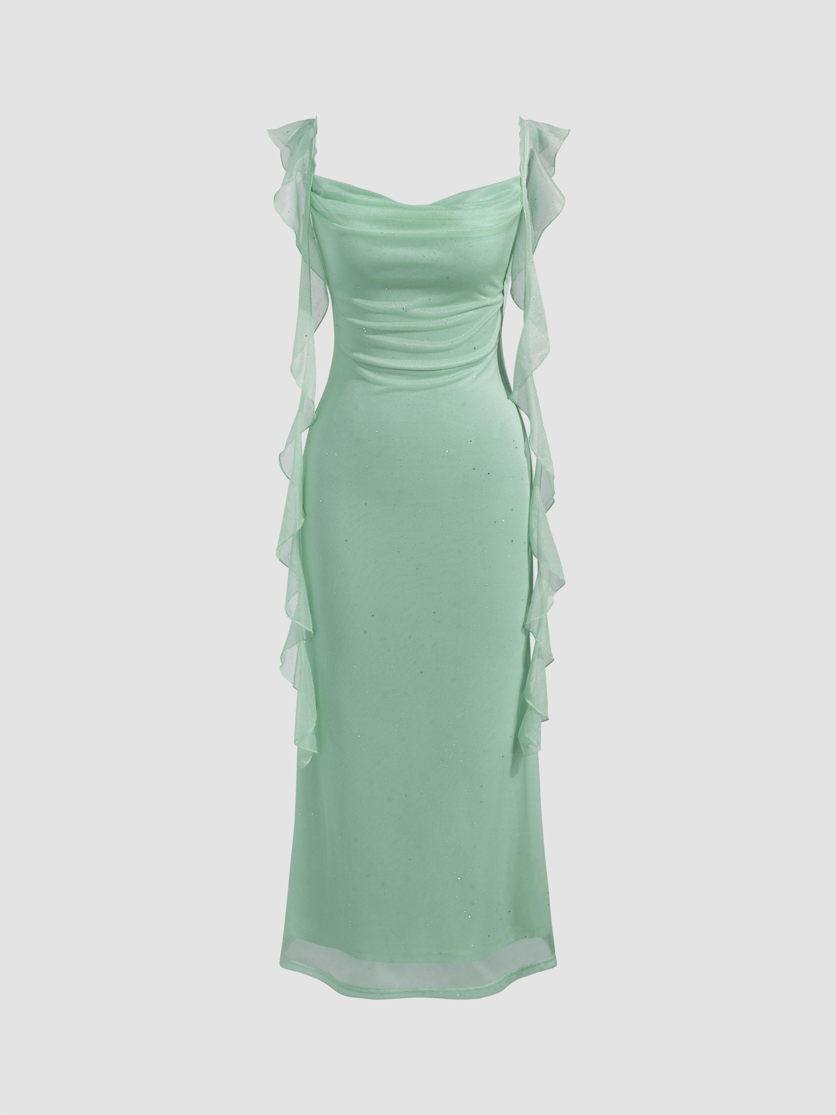 Cowl Neck Solid Glitter Ruffle Hem Maxi Dress by CIDER | jellibeans