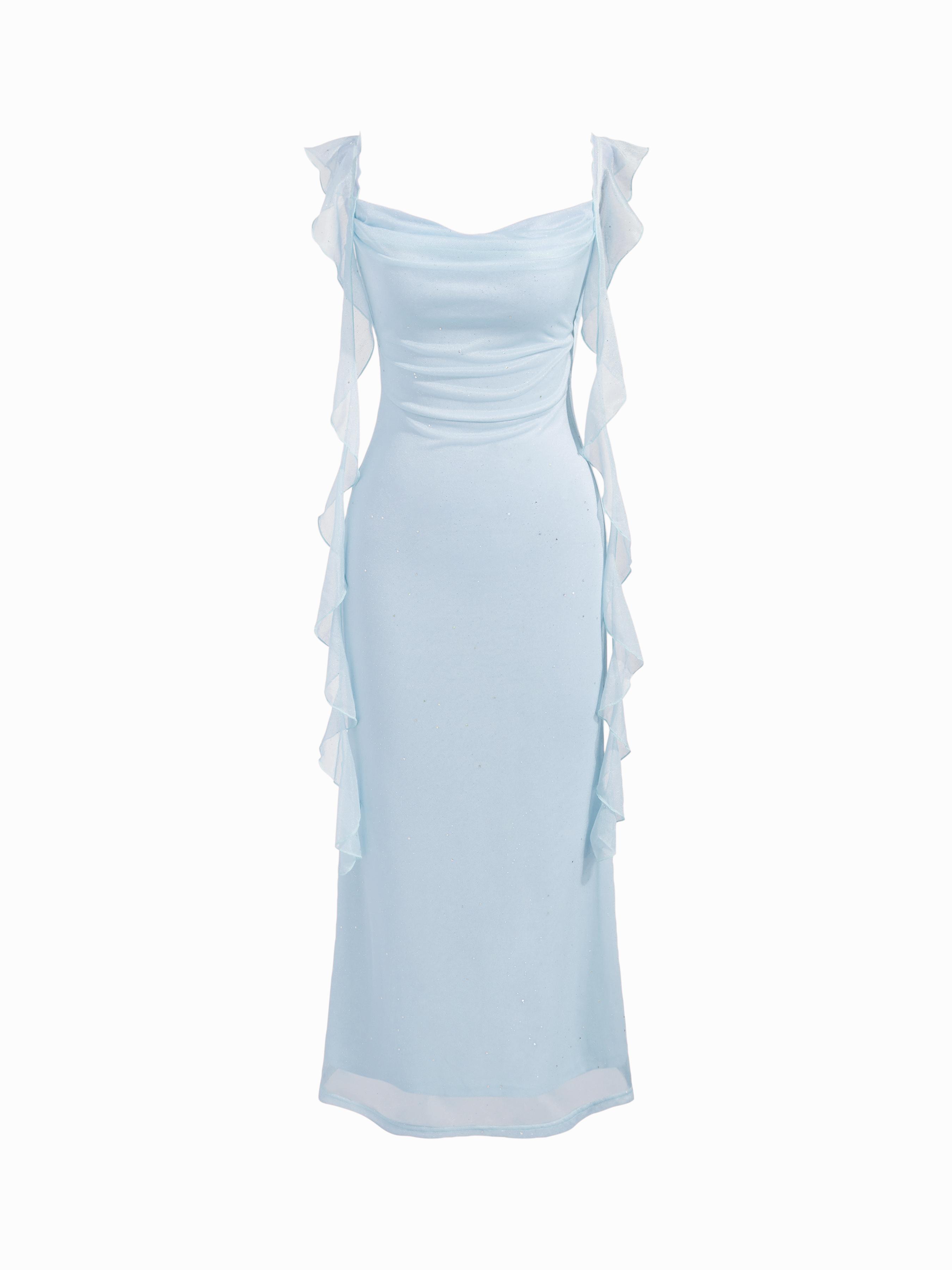 Cowl Neck Solid Glitter Ruffle Hem Maxi Dress by CIDER | jellibeans