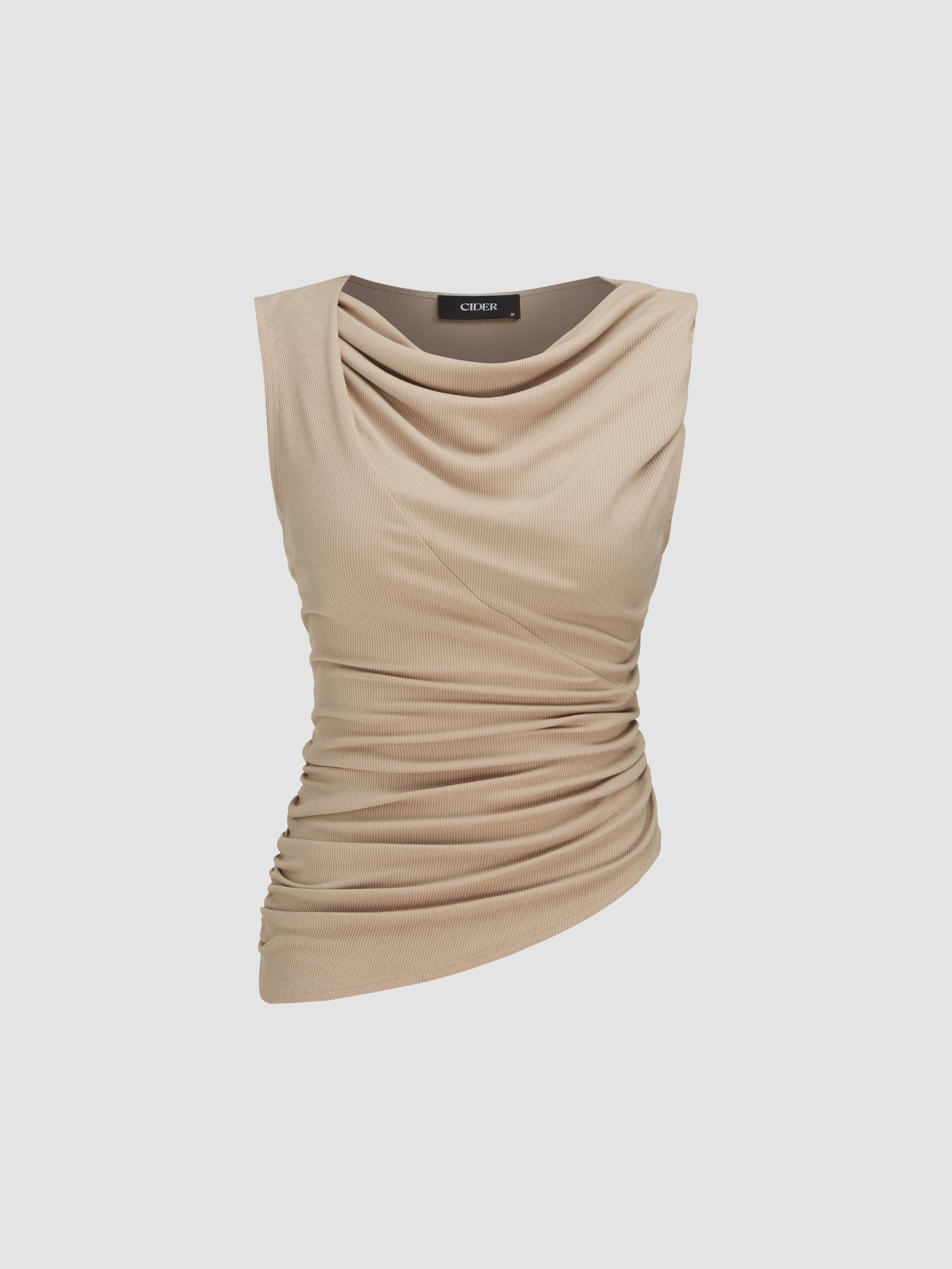 Cowl Neck Solid Ruched Crop Tank Top by CIDER