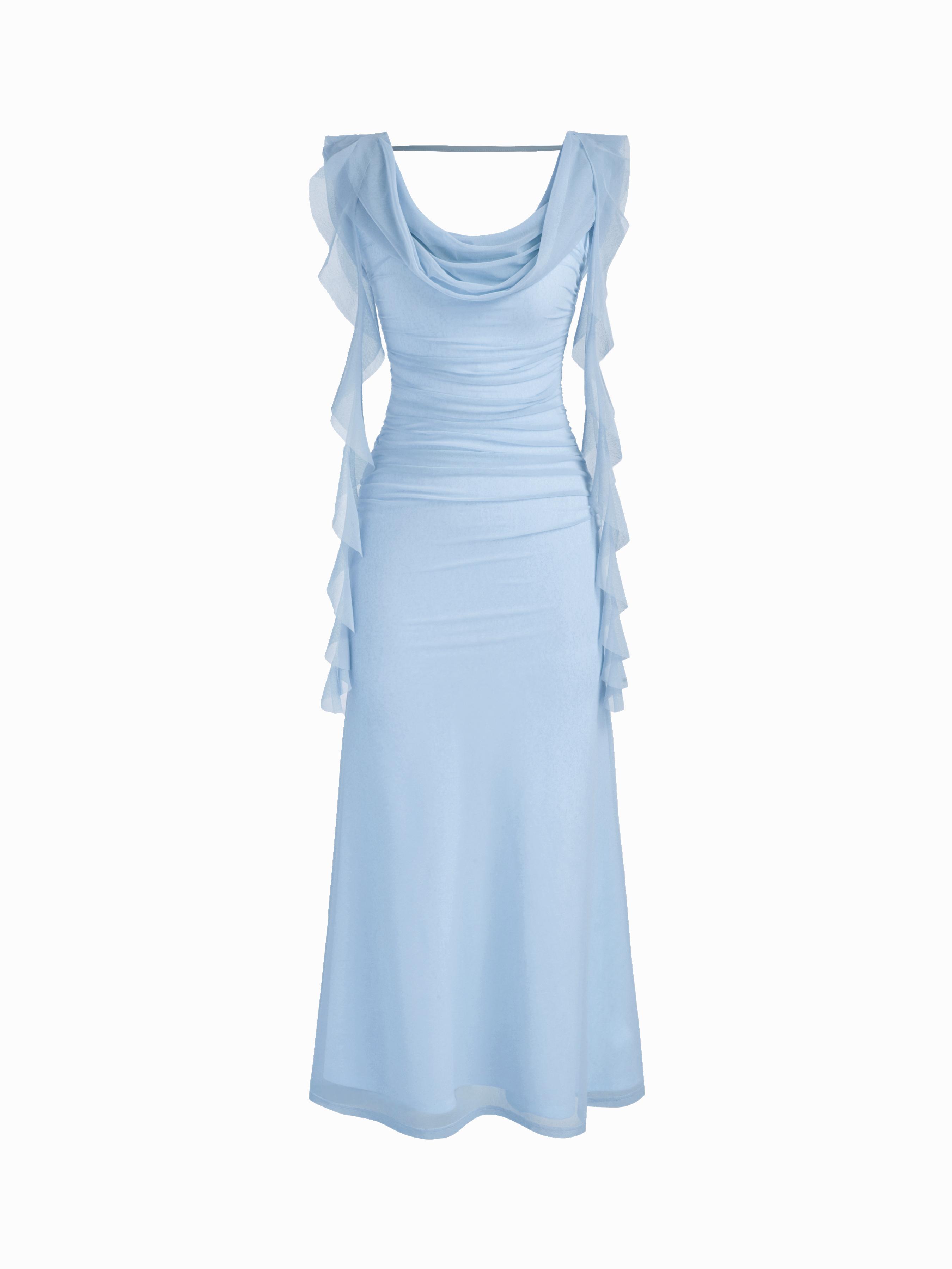 Cowl Neck Solid Ruffle Hem Ruched Maxi Dress by CIDER
