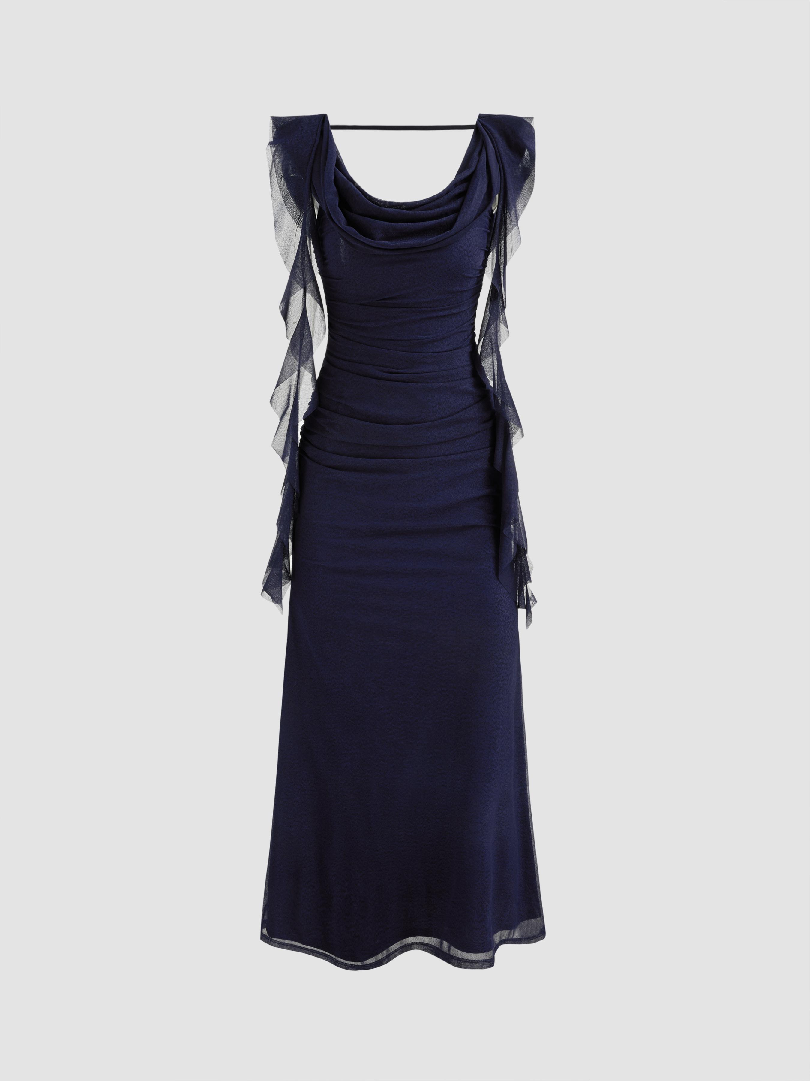 Cowl Neck Solid Ruffle Hem Ruched Maxi Dress by CIDER