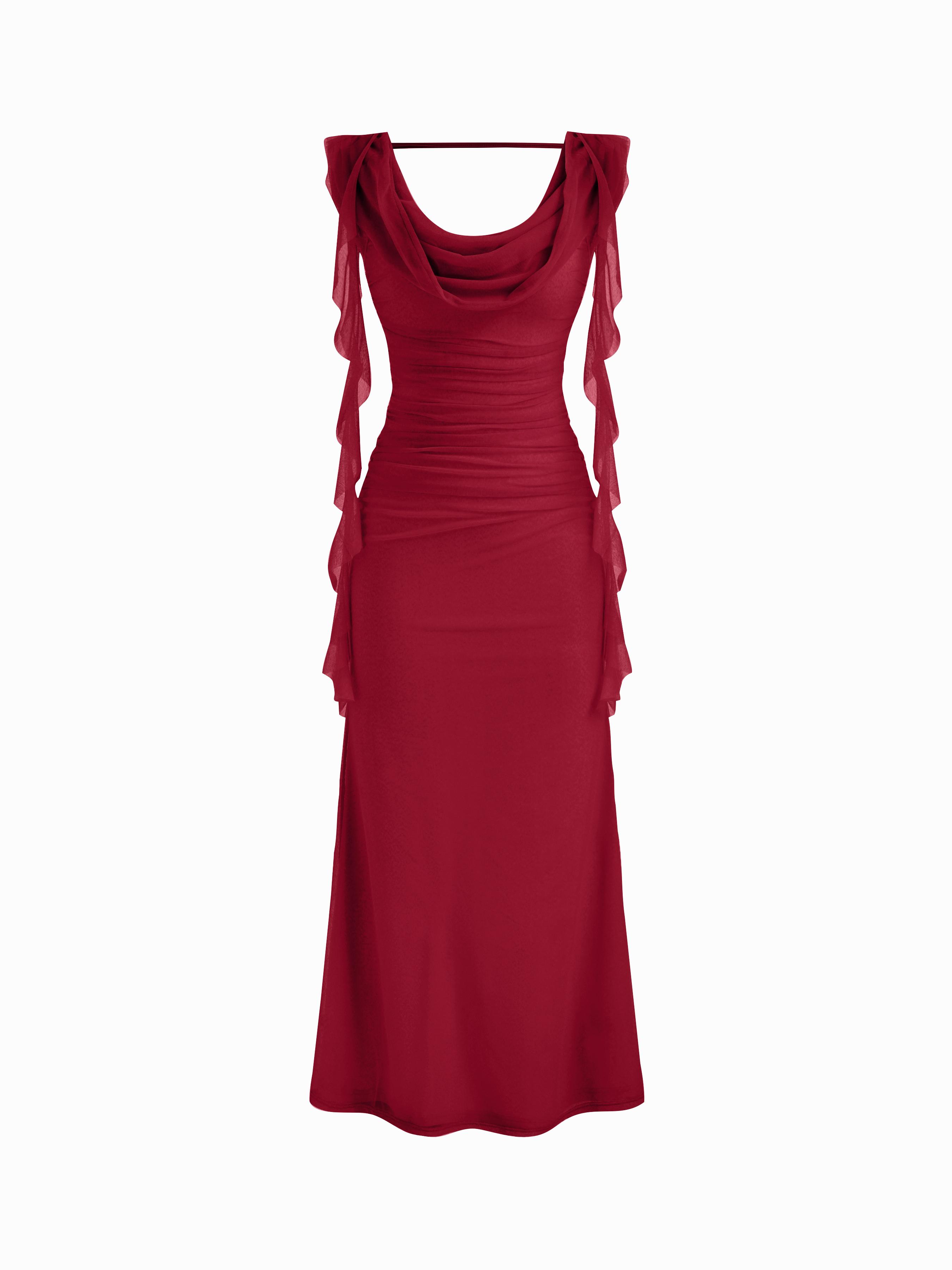 Cowl Neck Solid Ruffle Hem Ruched Maxi Dress by CIDER