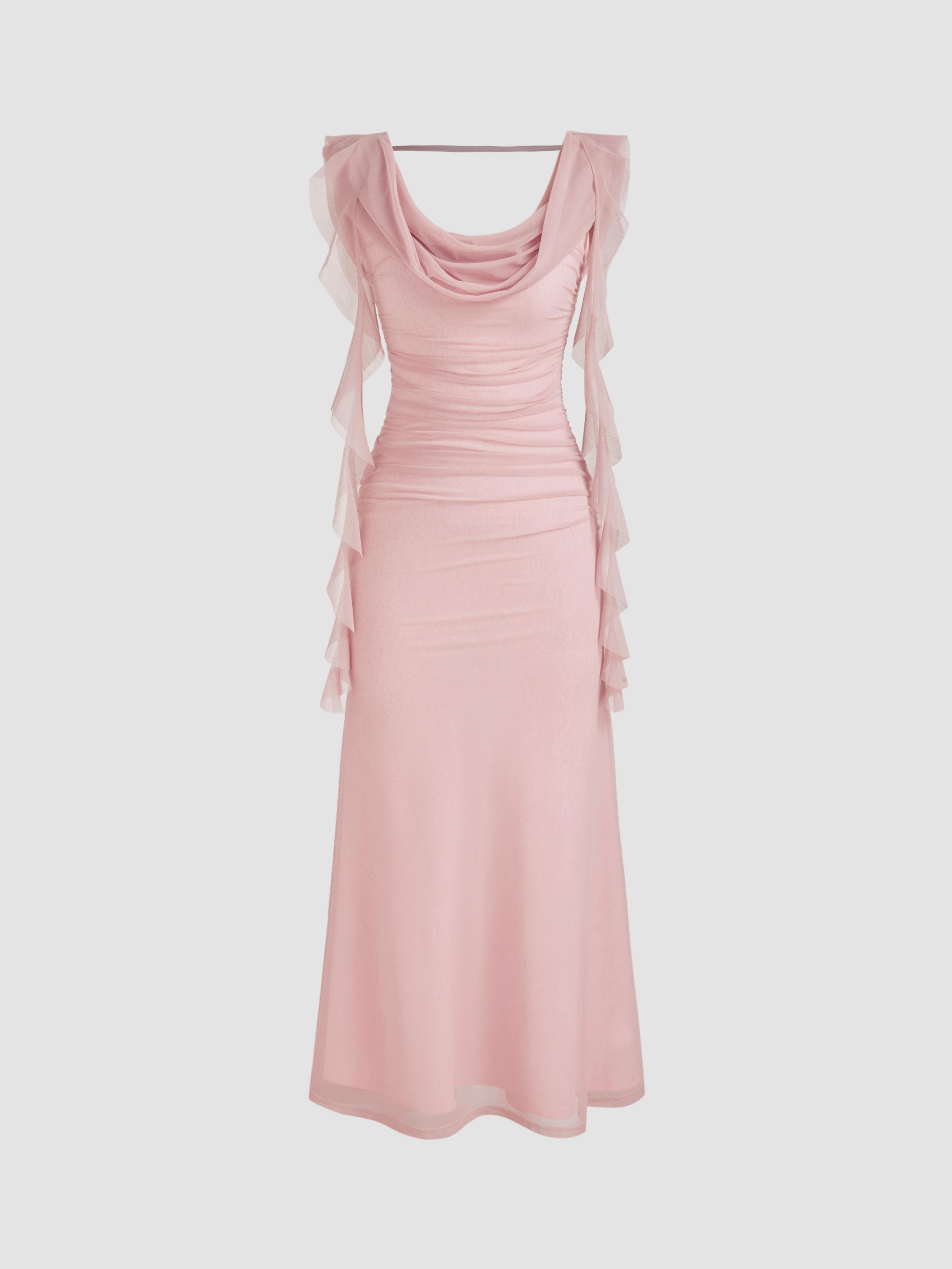 Cowl Neck Solid Ruffle Hem Ruched Maxi Dress by CIDER