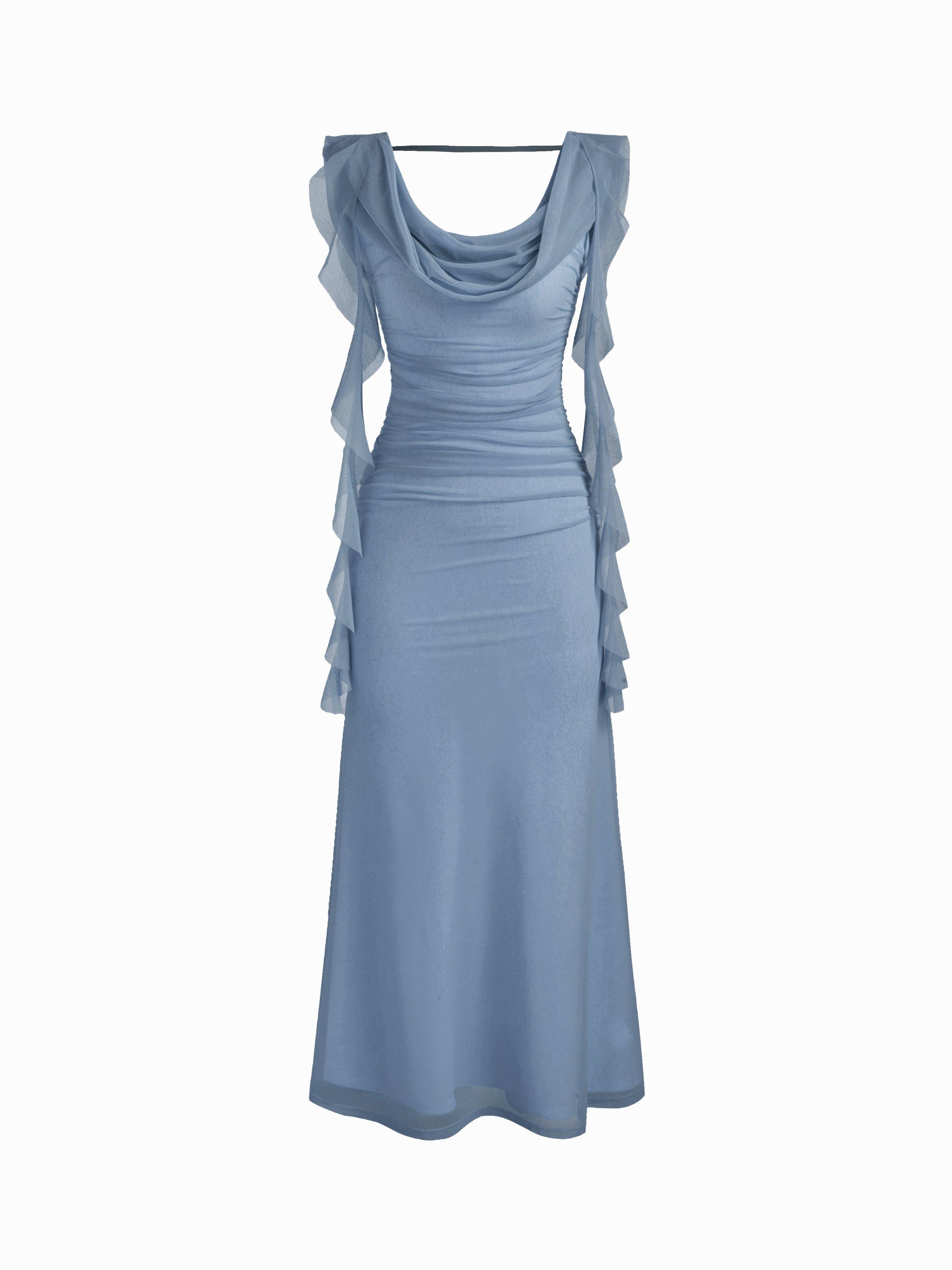 Cowl Neck Solid Ruffle Hem Ruched Maxi Dress by CIDER