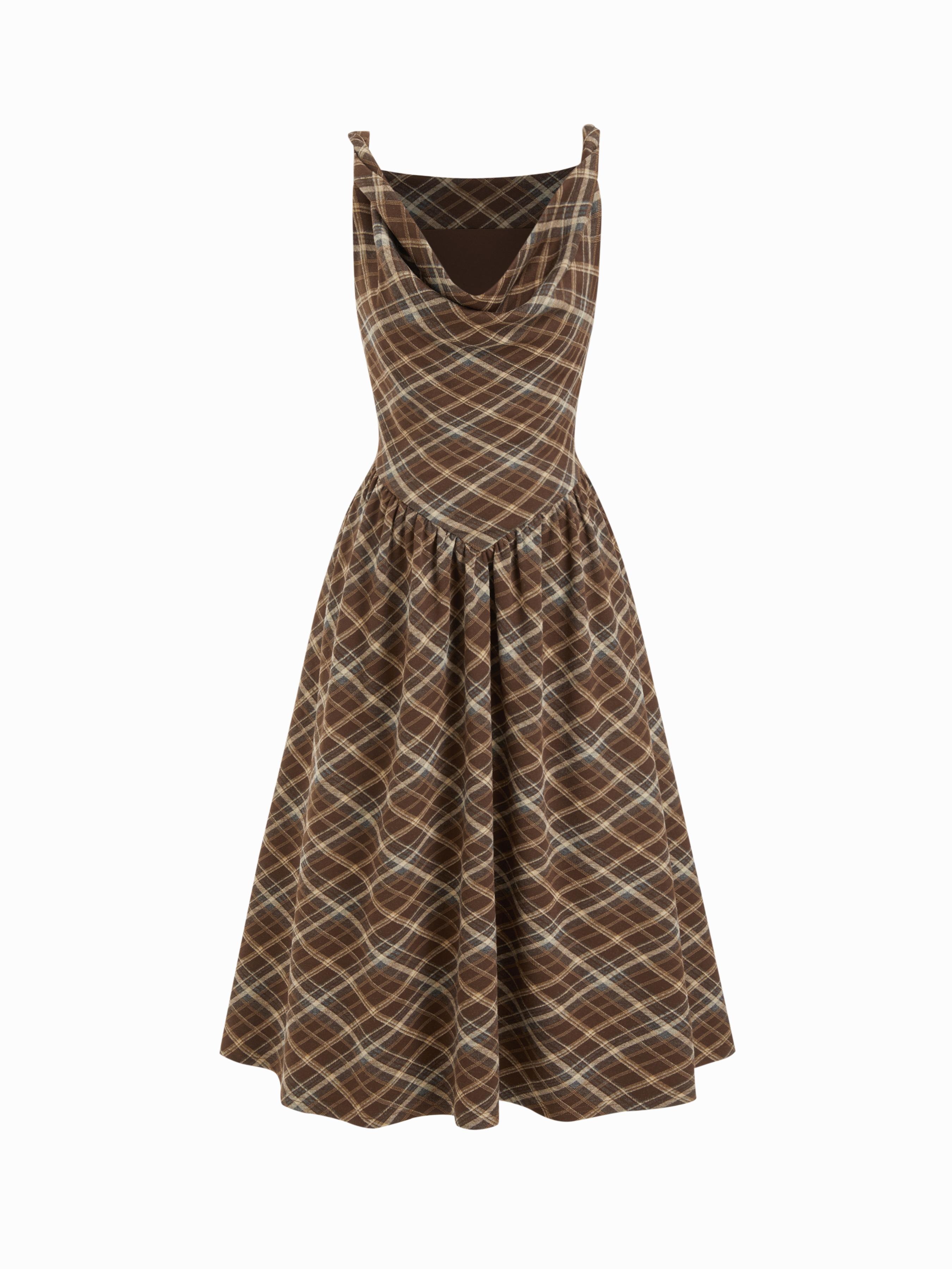 Cowl Neck Tartan Plaid Twist A-line Midi Cami Dress by CIDER