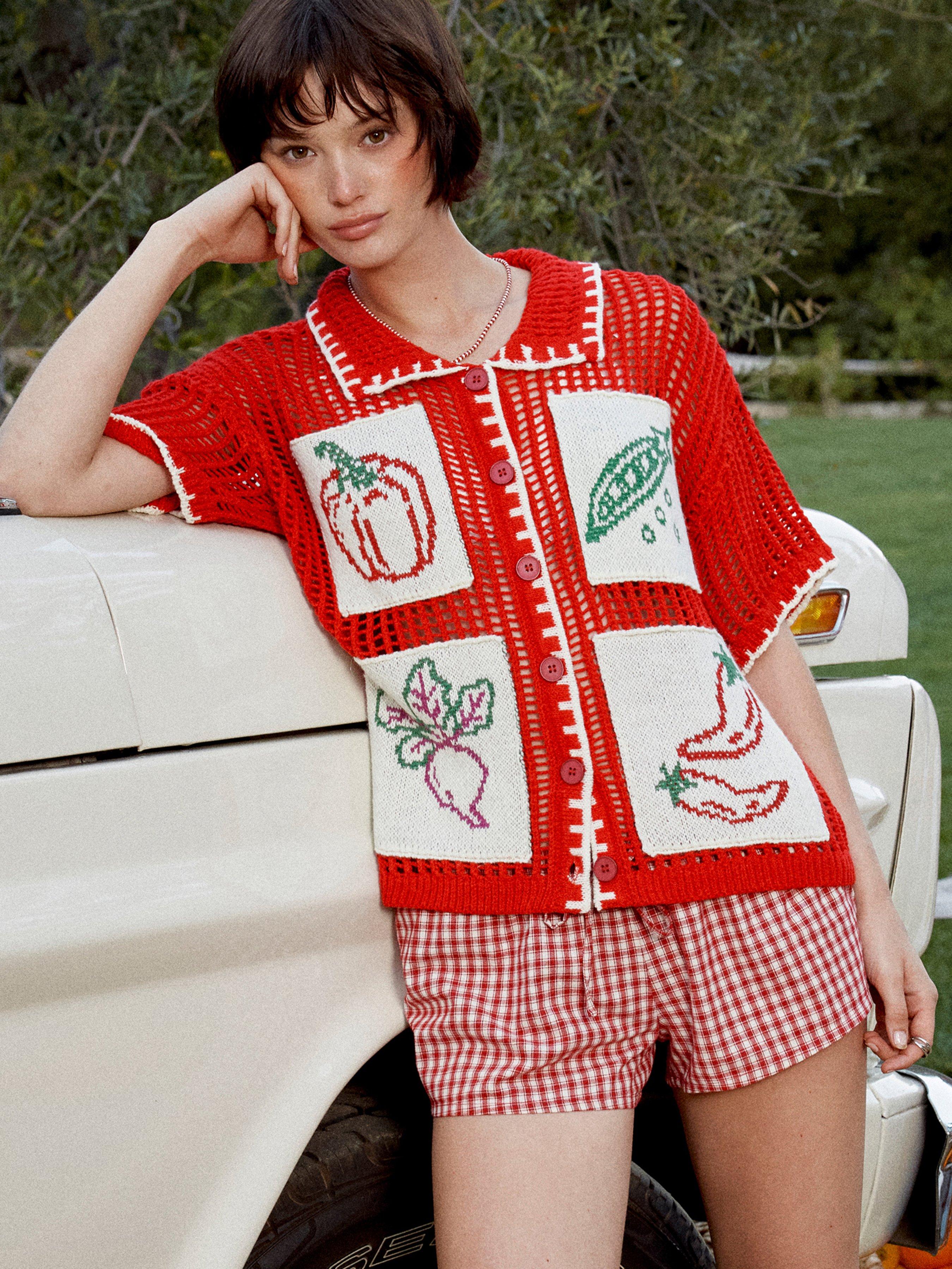 Crochet Fruit Embroidery Oversized Cardigan by CIDER