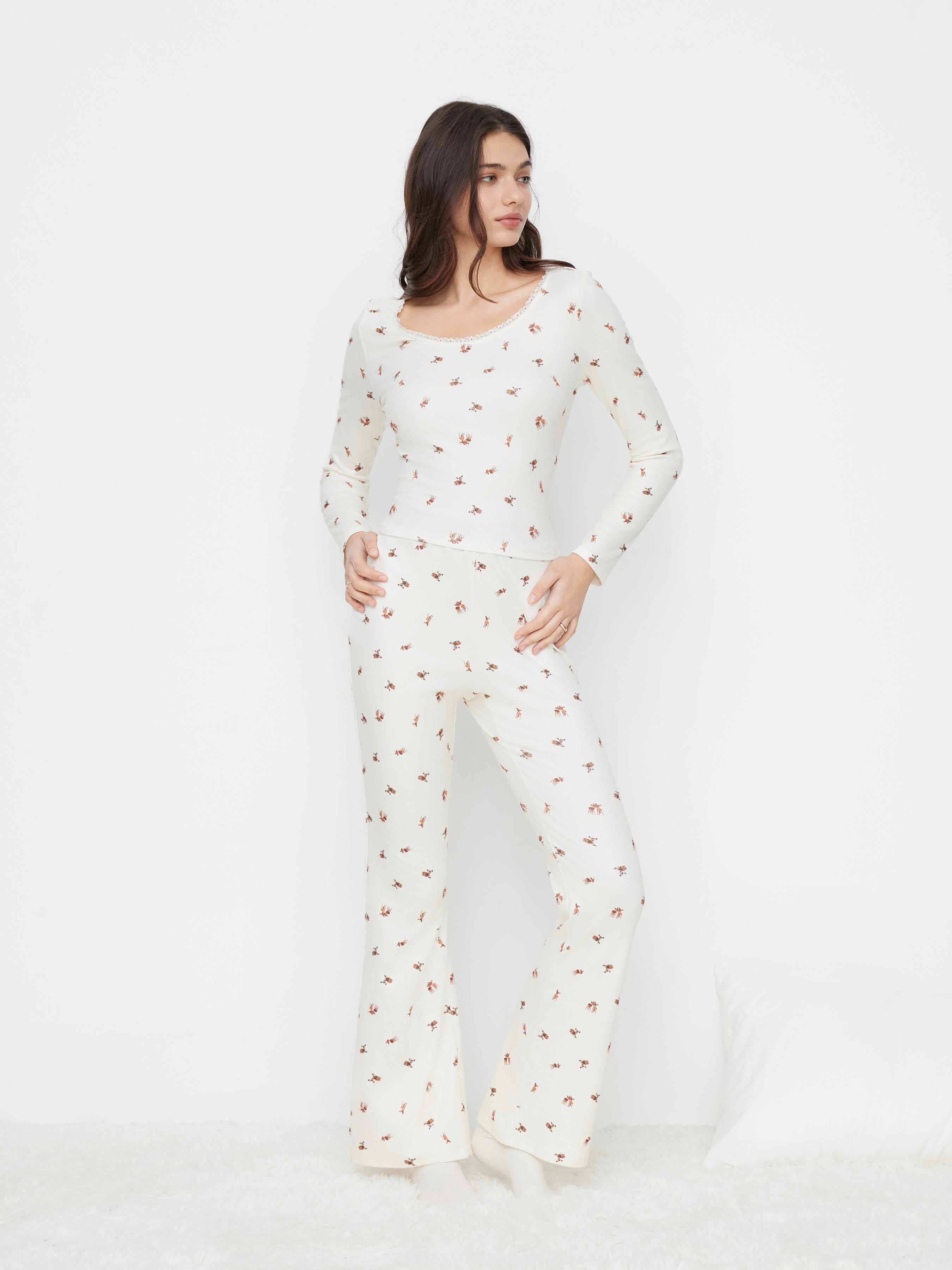 Cute Deer Graphic Lace Trim Top & Two Tone Mid Rise Flare Trousers Loungewear Set by CIDER