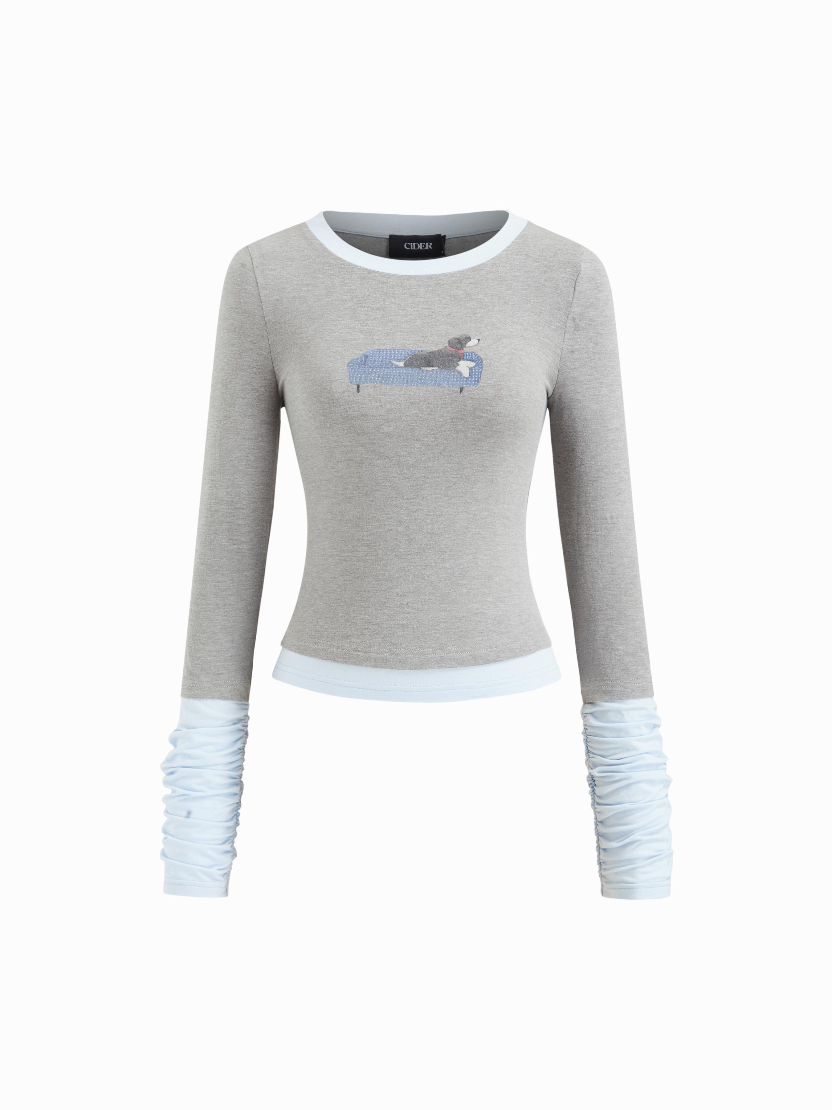 Cute Dog Graphic Cotton-blend Round Neckline Ruched Two Tone Top by CIDER