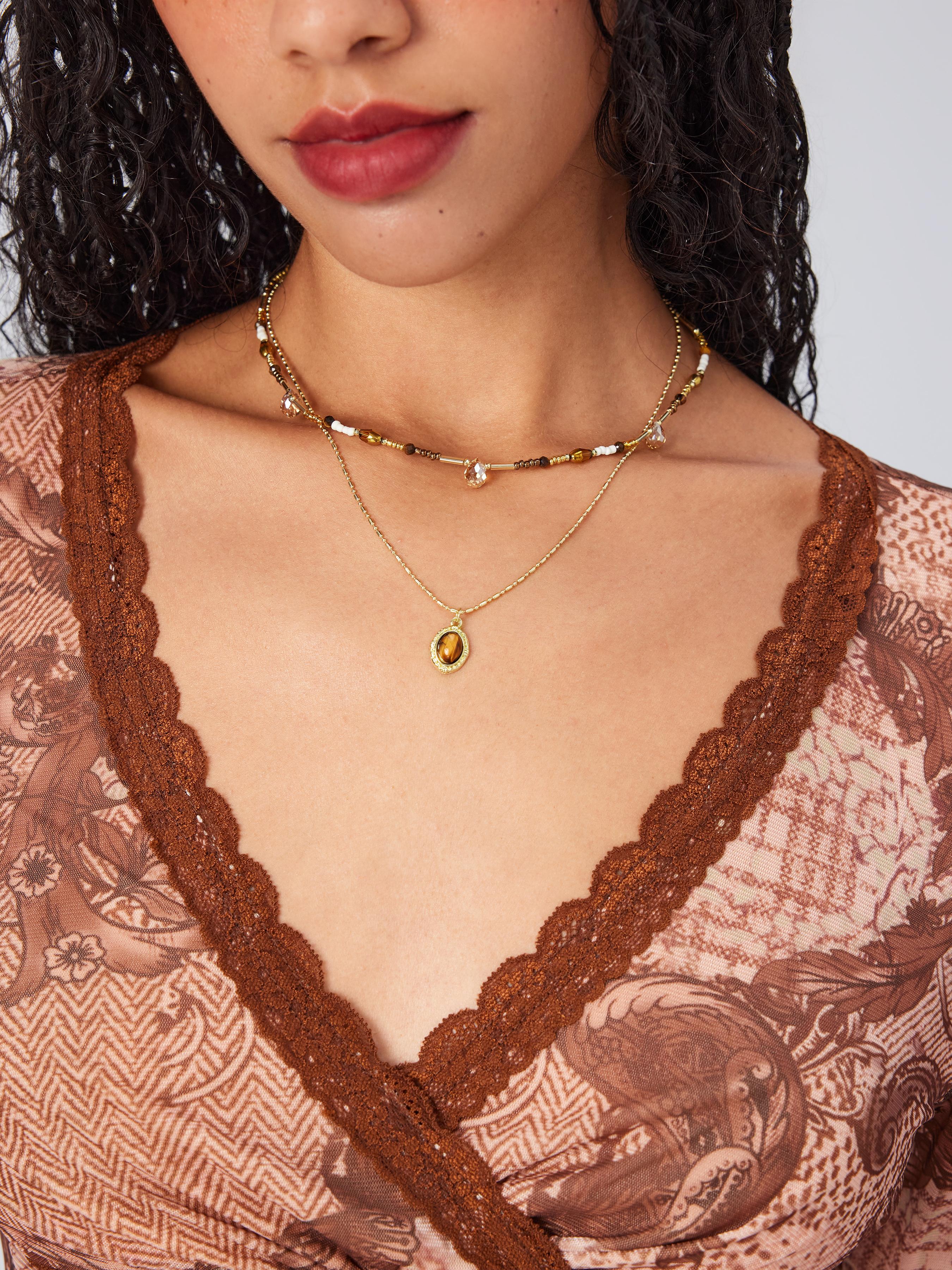DOUBLE LAYER STONE BEADED 18K GOLD PLATED COPPER NECKLACE by CIDER