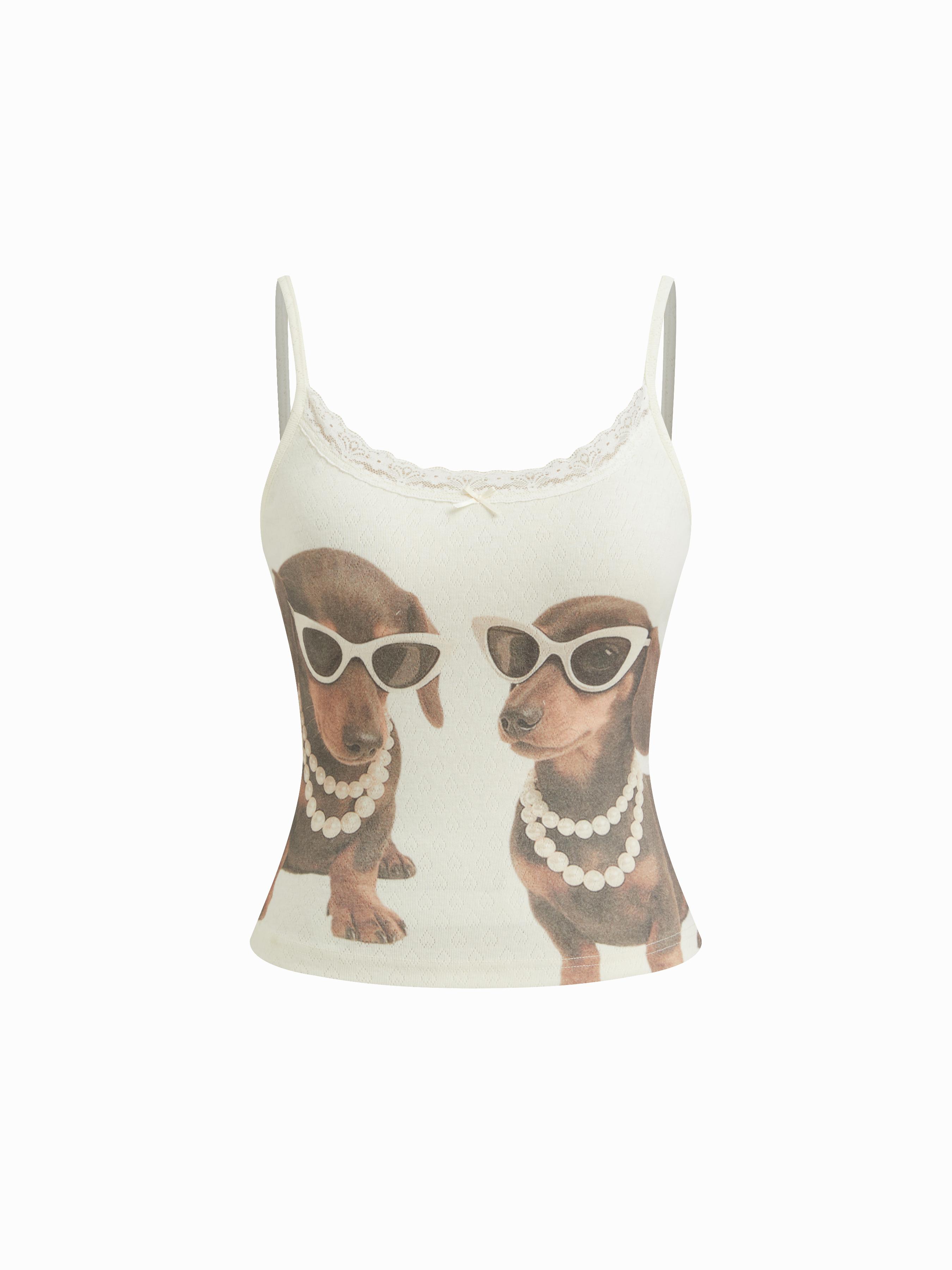 Deer Graphic Bowknot Lace Trim Cami Top by CIDER