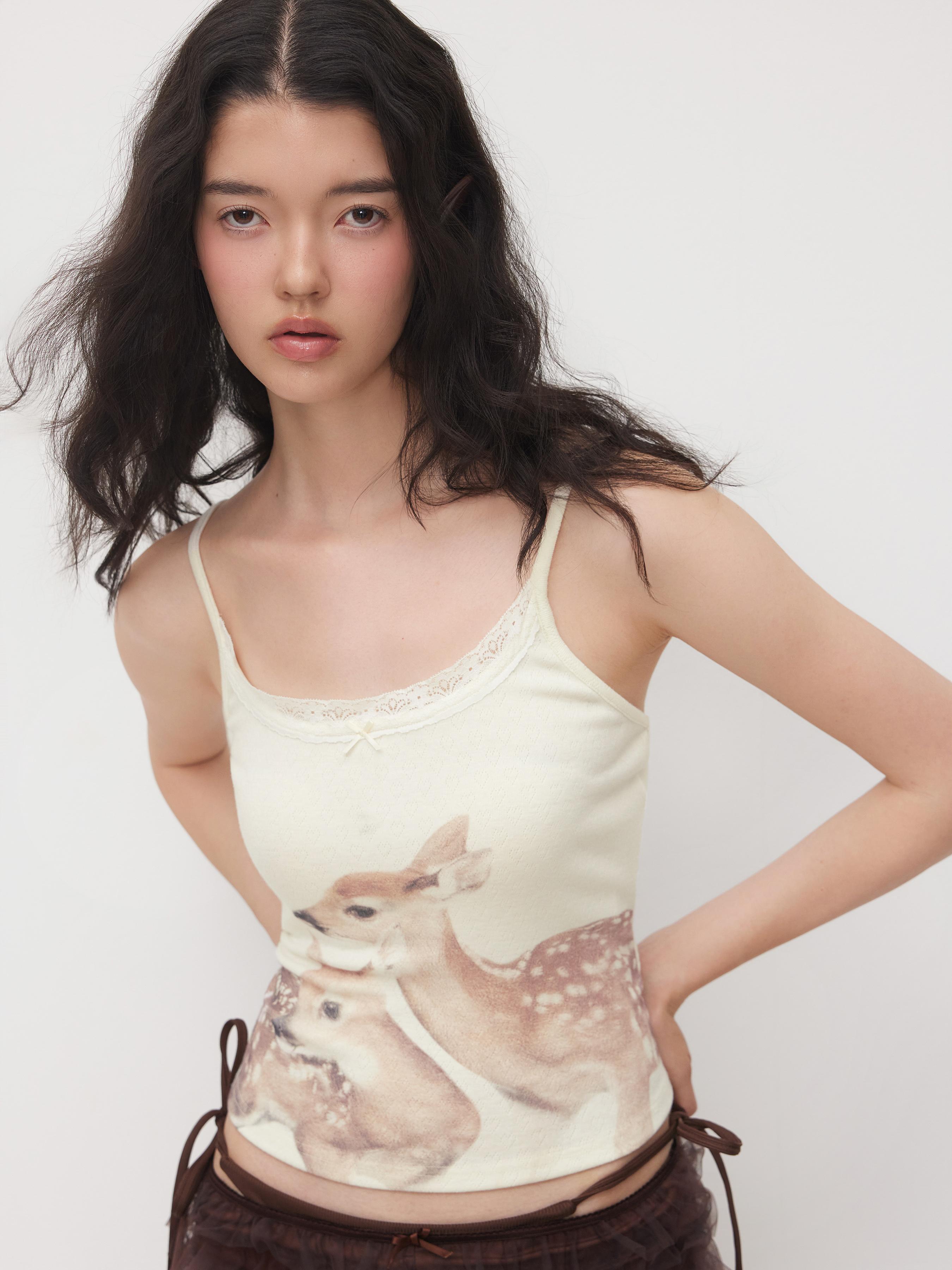 Deer Graphic Bowknot Lace Trim Cami Top by CIDER