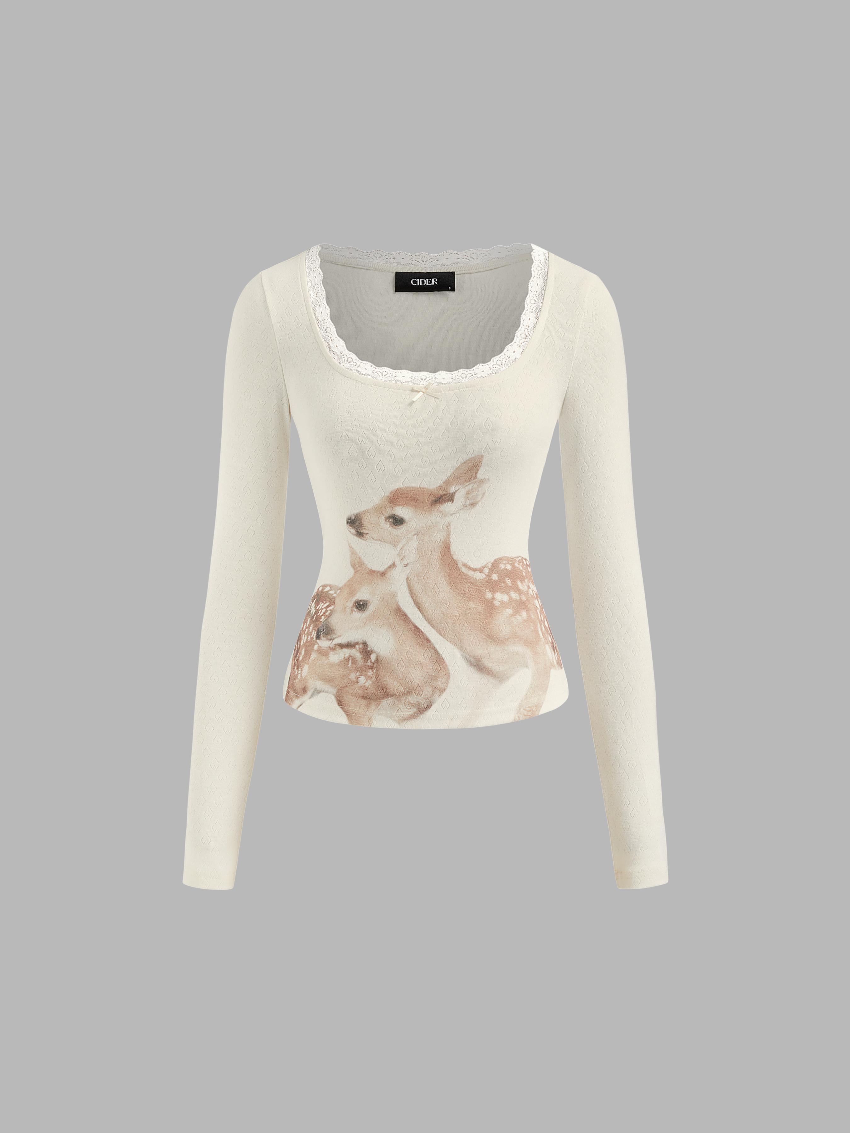 Deer Graphic Scoop Neckline Long Sleeve Lace Trim Bowknot Tee by CIDER
