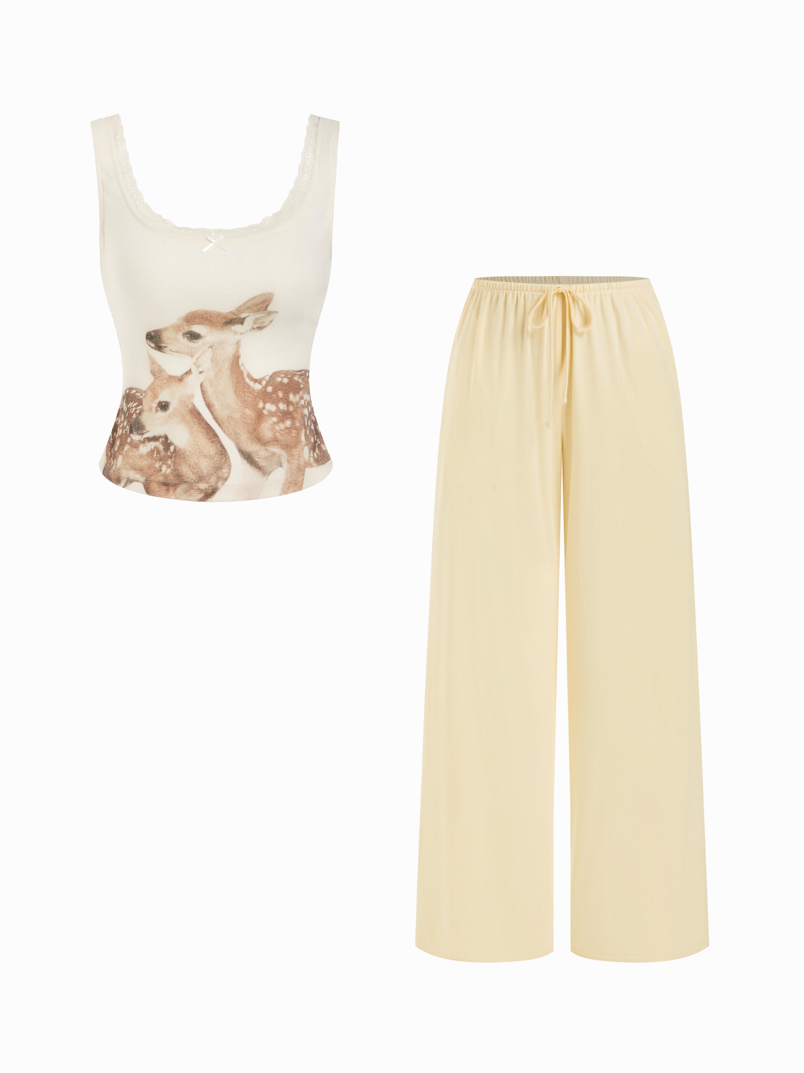 Deer Graphic Square Neck Cropped Tank Top & Mid Rise Drawstring Straight Leg Trousers Loungewear Set by CIDER