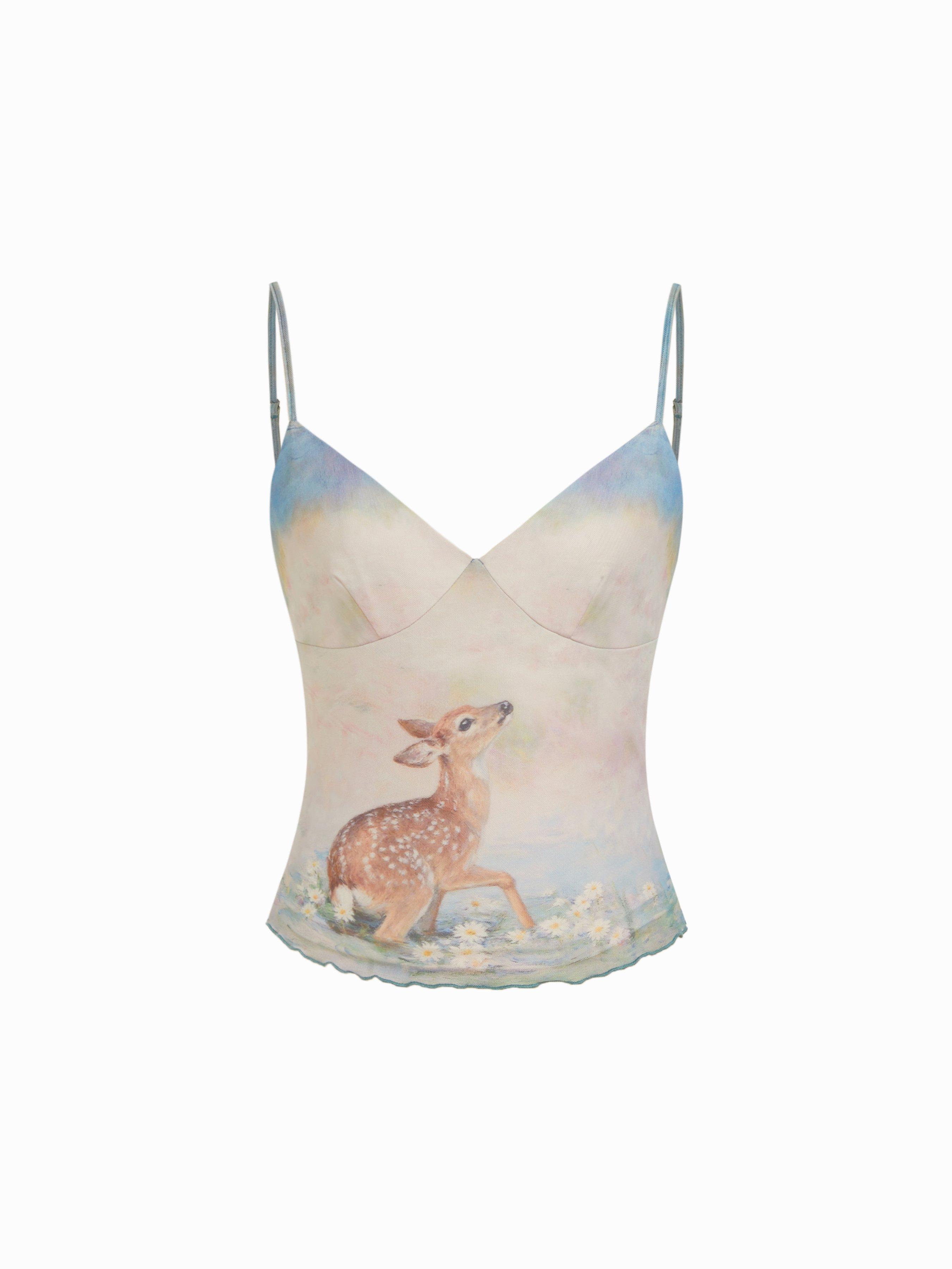 Deer Graphic V-neck Lettuce Trim Cami Top by CIDER