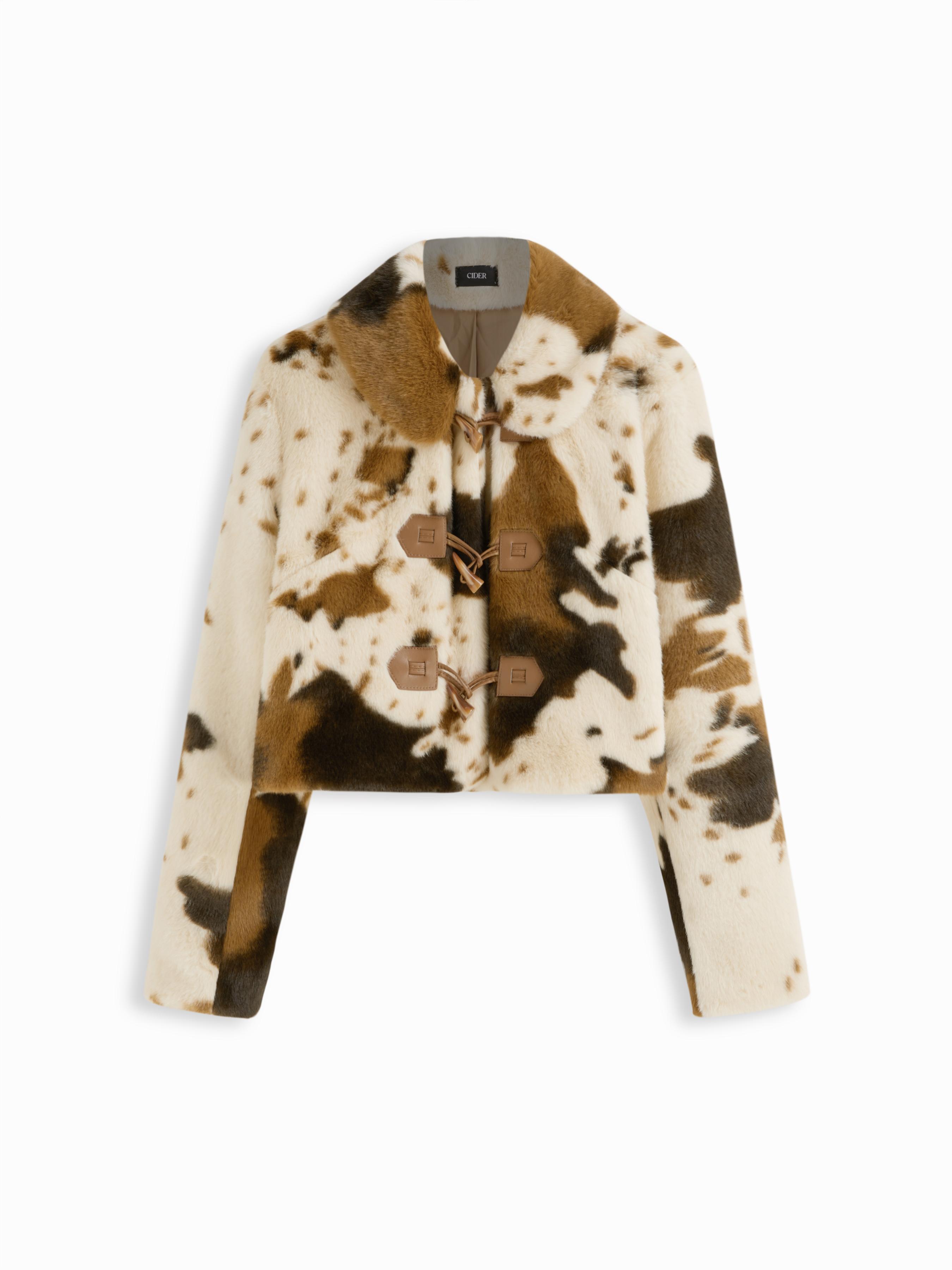 Deer Print Faux Fur Collar Toggle Button Crop Jacket by CIDER