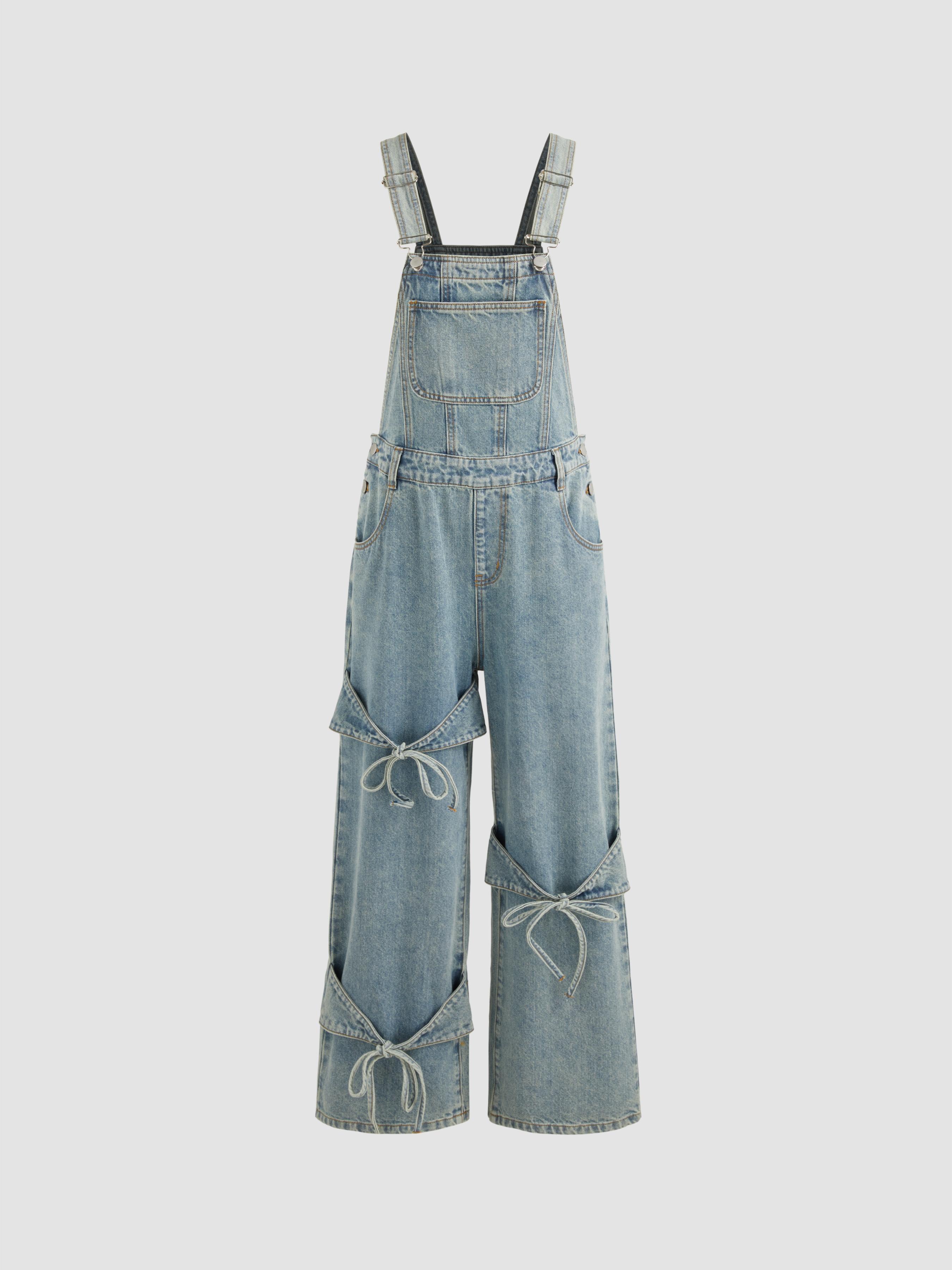 Denim Bowknot Buckle Up Pocket Wide Leg Jumpsuit by CIDER