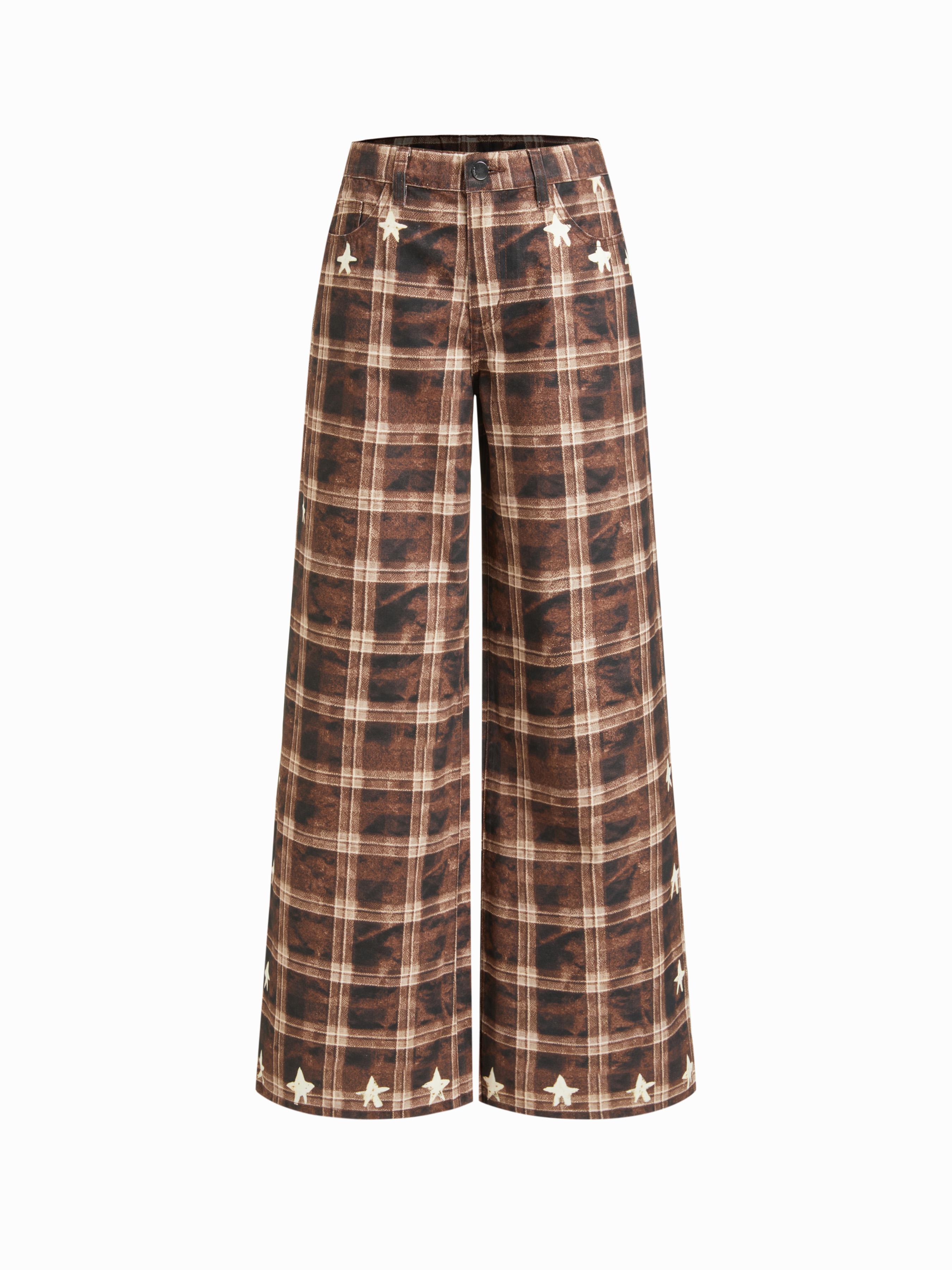 Denim Check Star Graphic Low Rise Zipper Wide Leg Jeans by CIDER