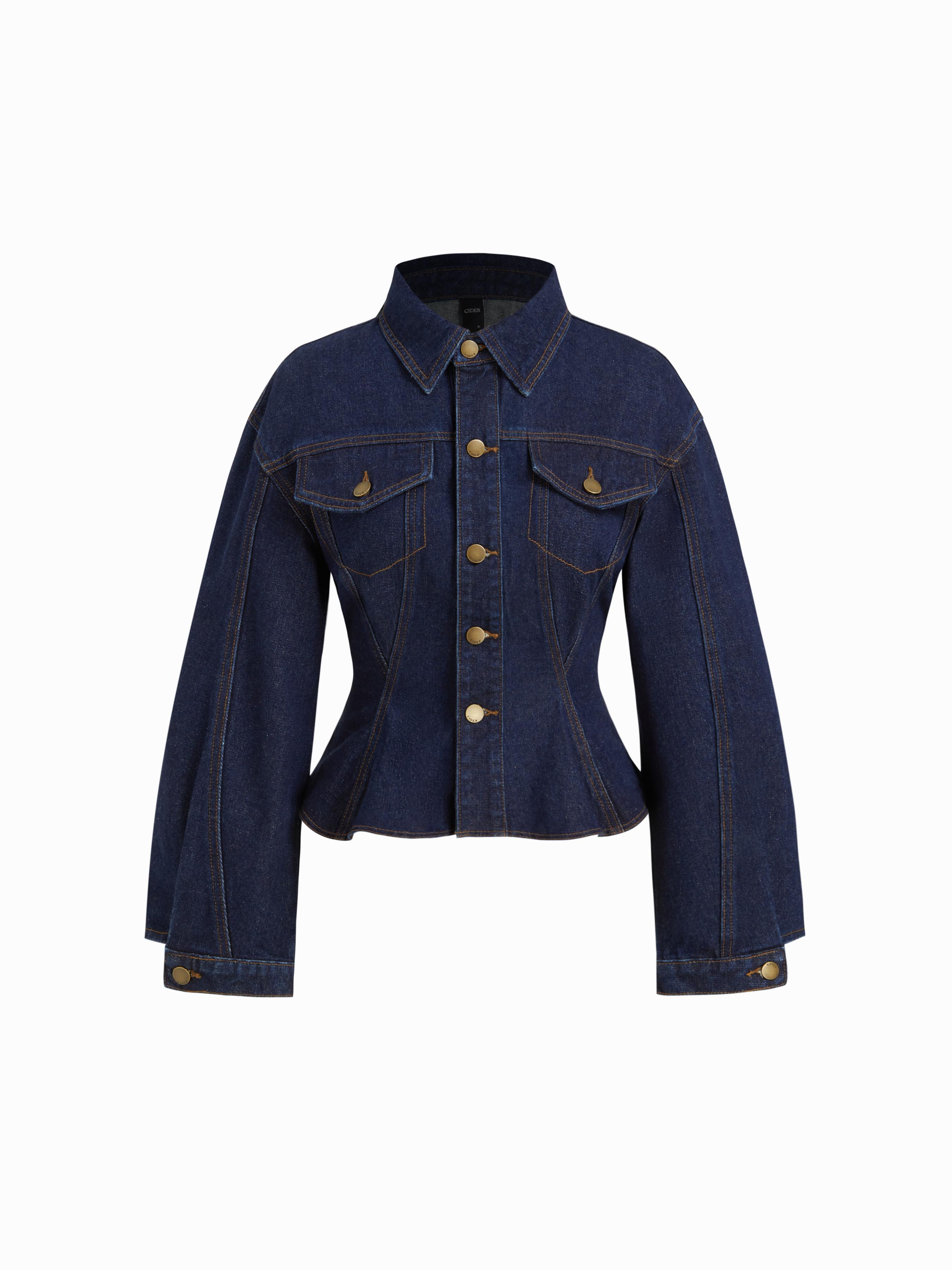 Denim Collar Button Cinched Waist Jacket by CIDER