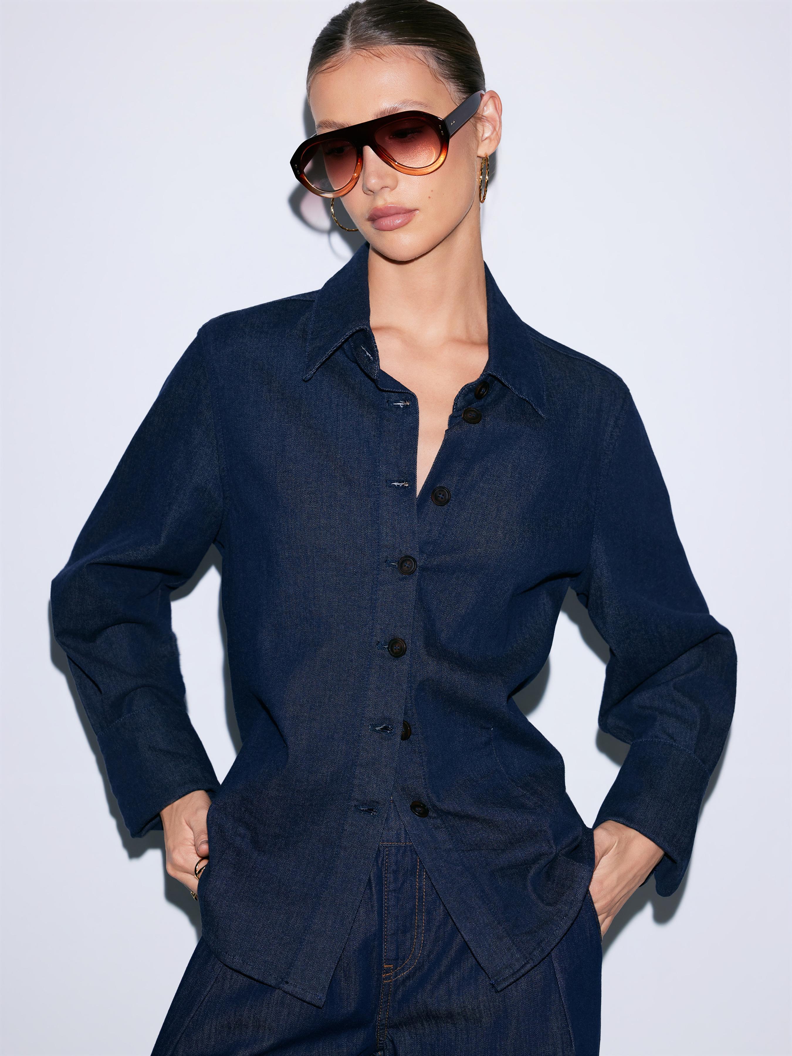 Denim Collar Button Long Sleeve Blouse by CIDER