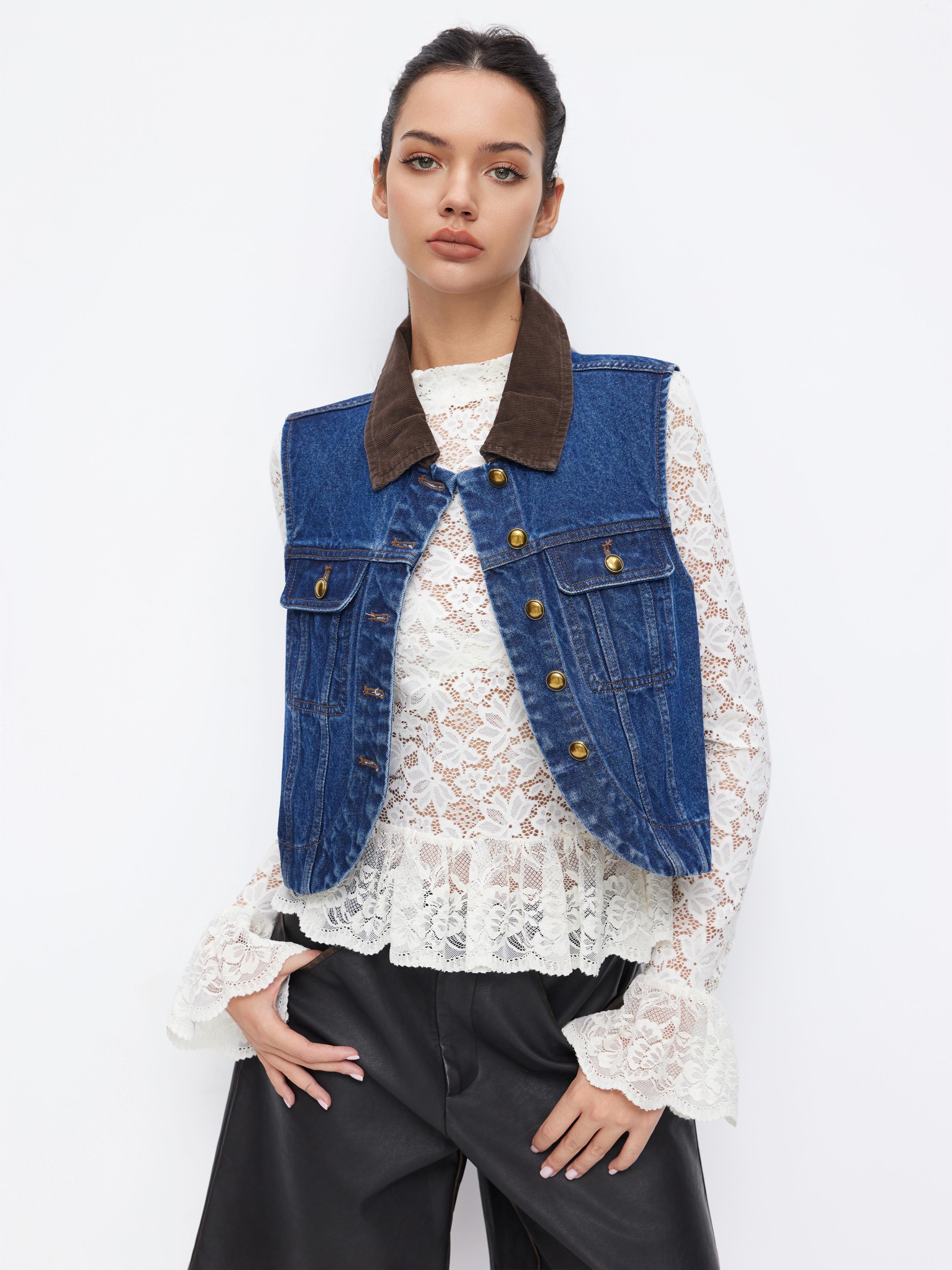 Denim Collar Colorblock Metal Button Top by CIDER