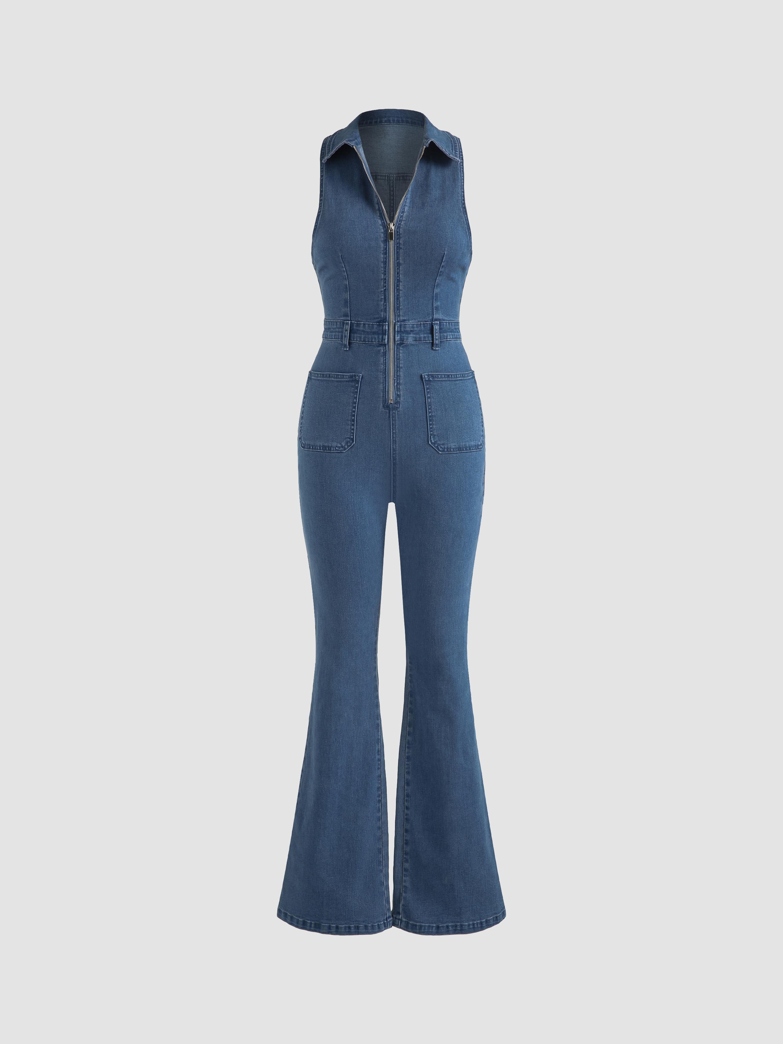 Denim Collar Flared Leg Jumpsuit by CIDER