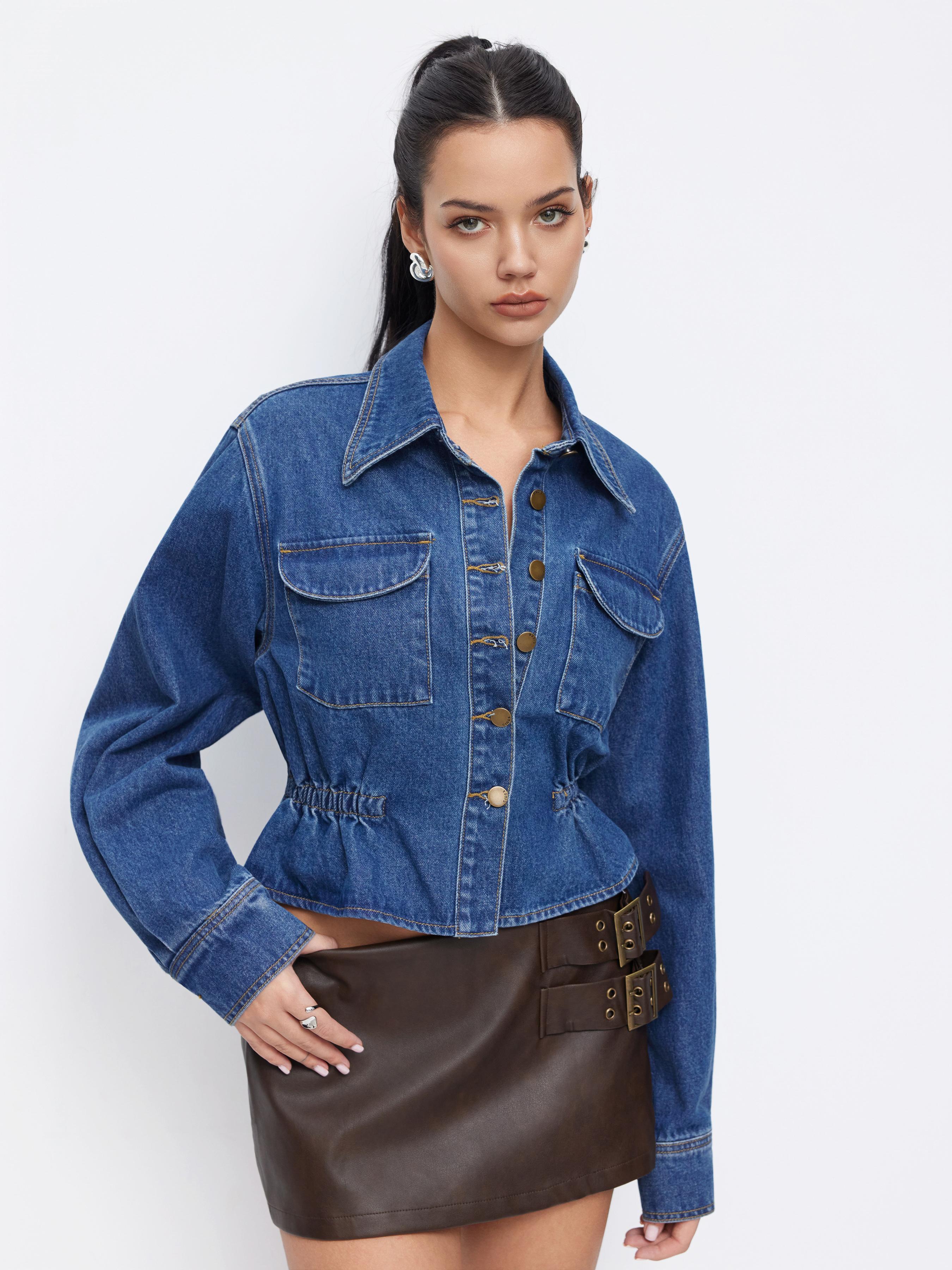 Denim Collar Long Sleeve Cinched Waist Ruffle Hem Crop Jacket by CIDER