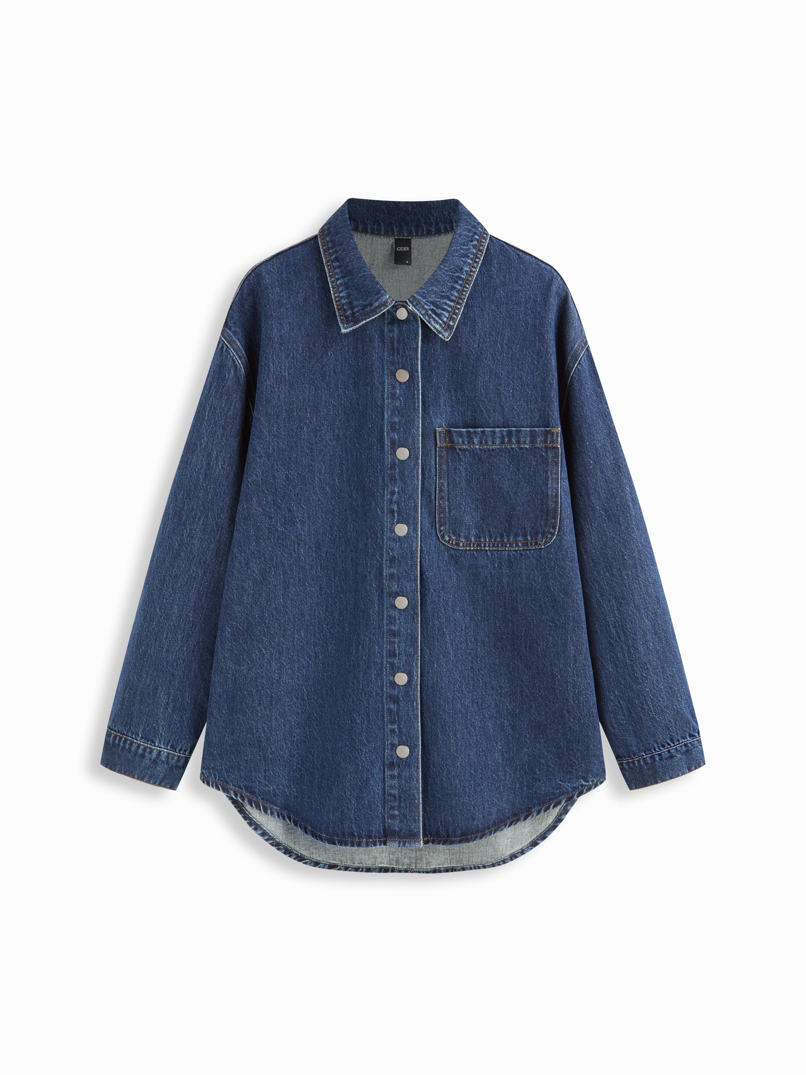 Denim Collar Long Sleeve Curved Hem Oversized Blouse by CIDER
