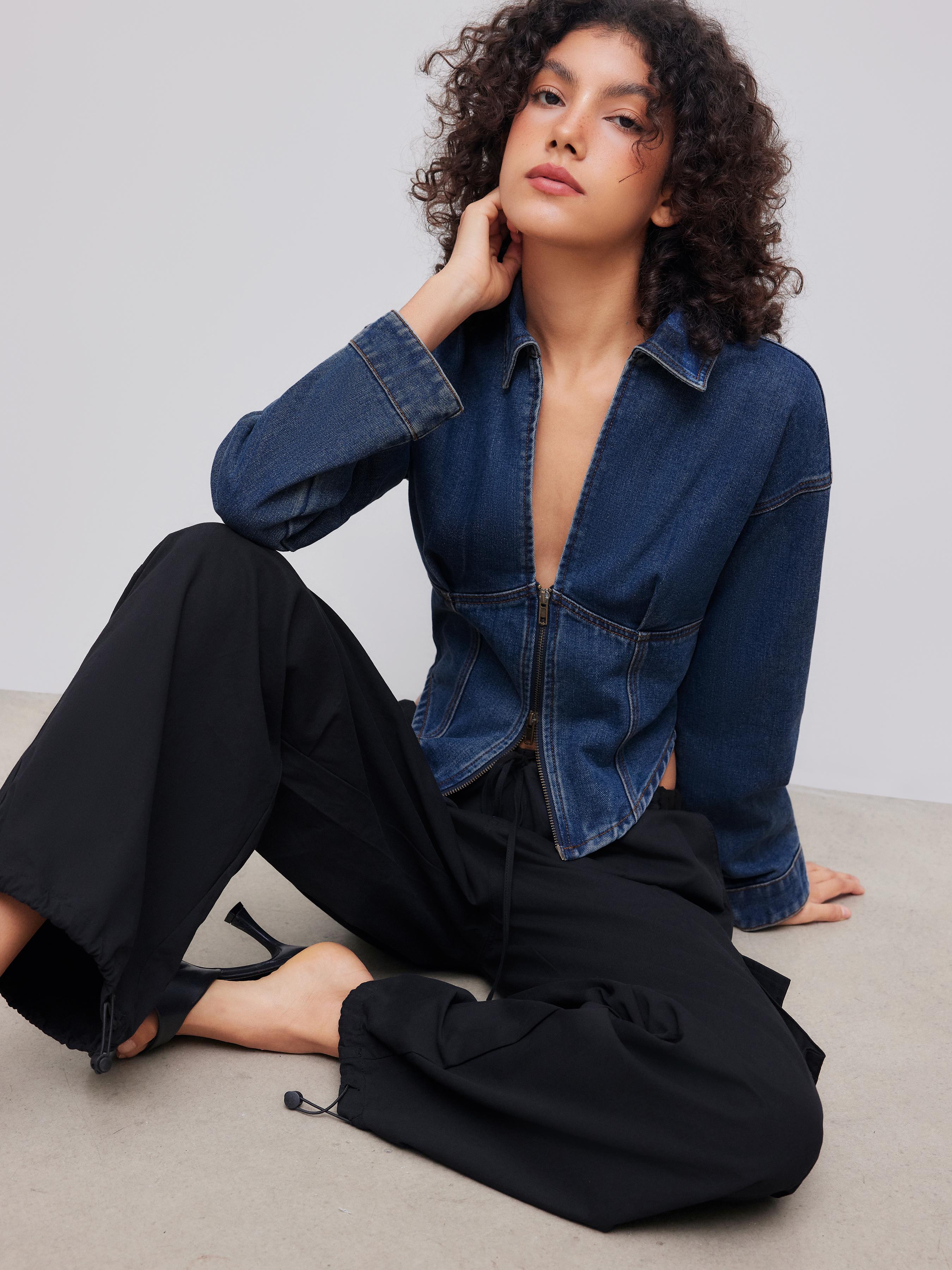 Denim Collar Solid Corset Zipper Jacket by CIDER