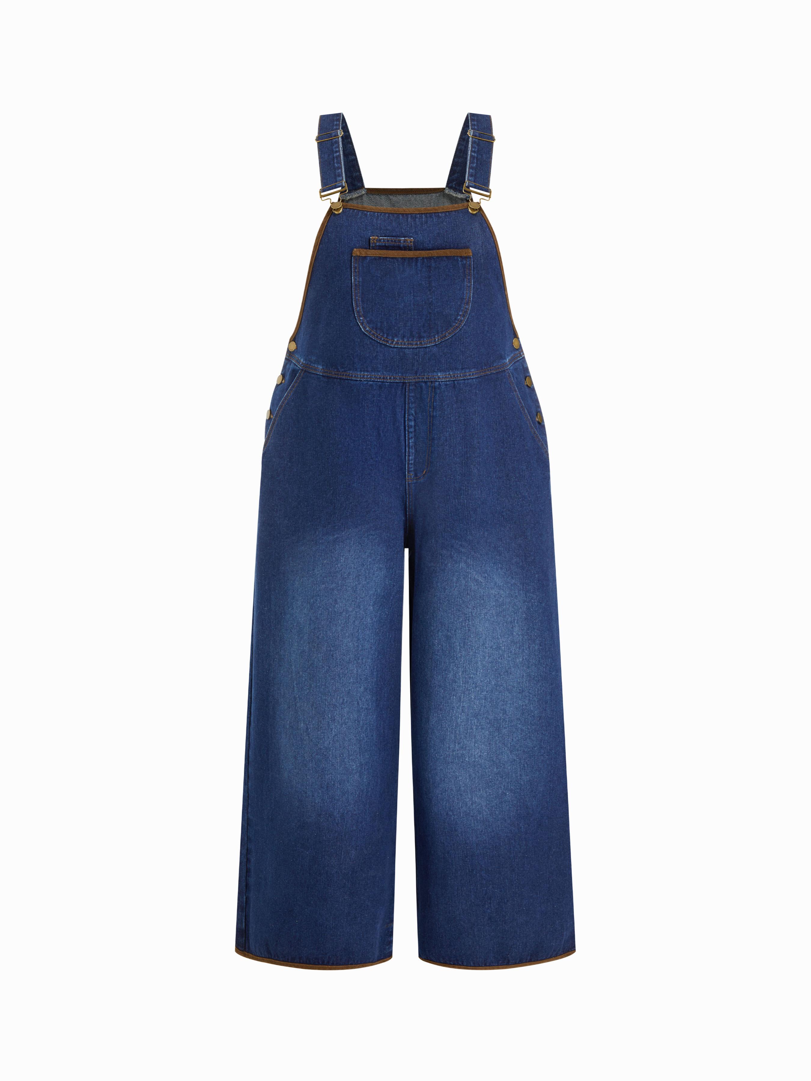 Denim Contrasting Binding Buckle Up Wide Leg Overall Curve & Plus by CIDER