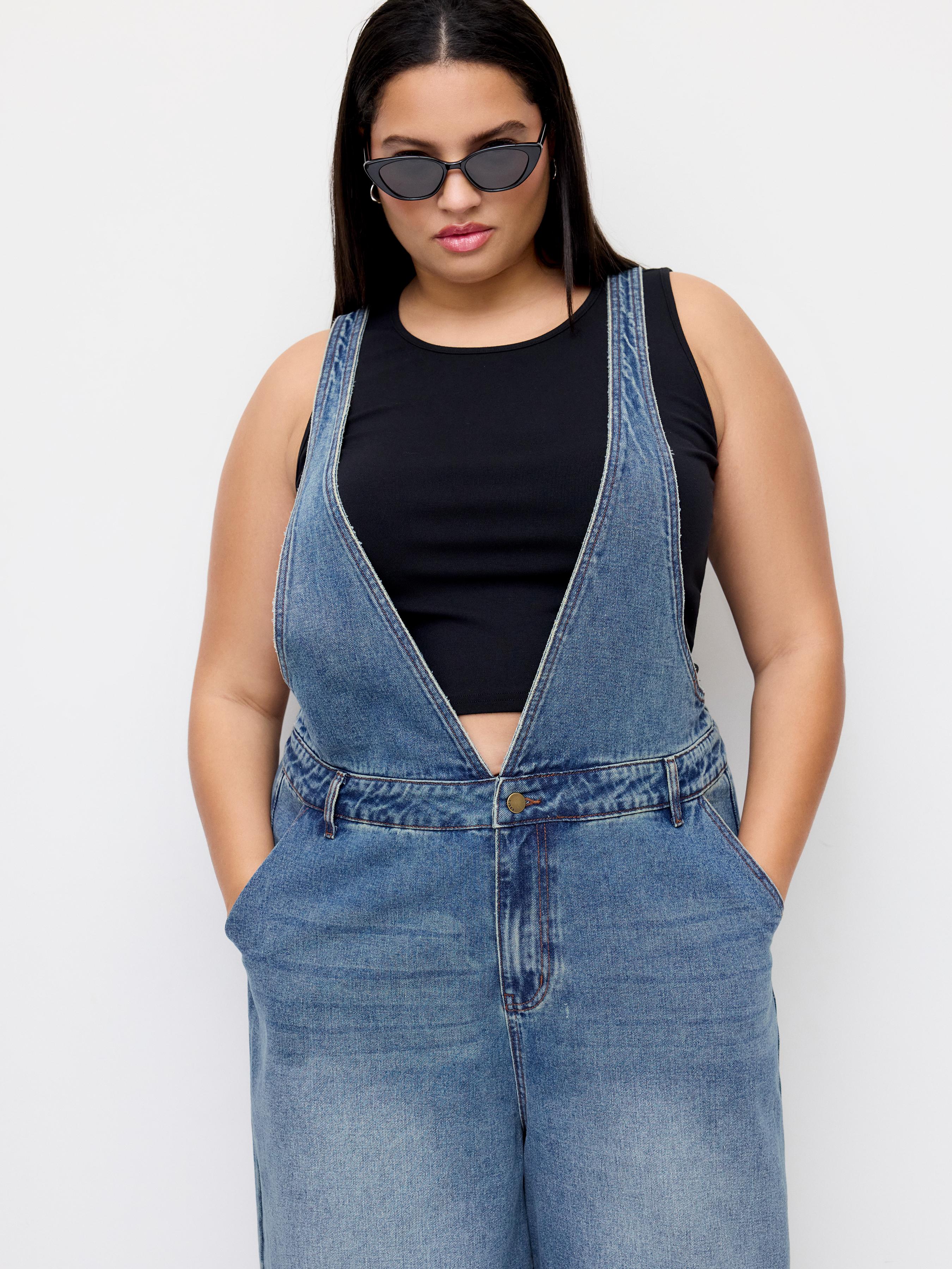 Denim Deep V-neck Buckle Wide Leg Overalls Curve & Plus by CIDER