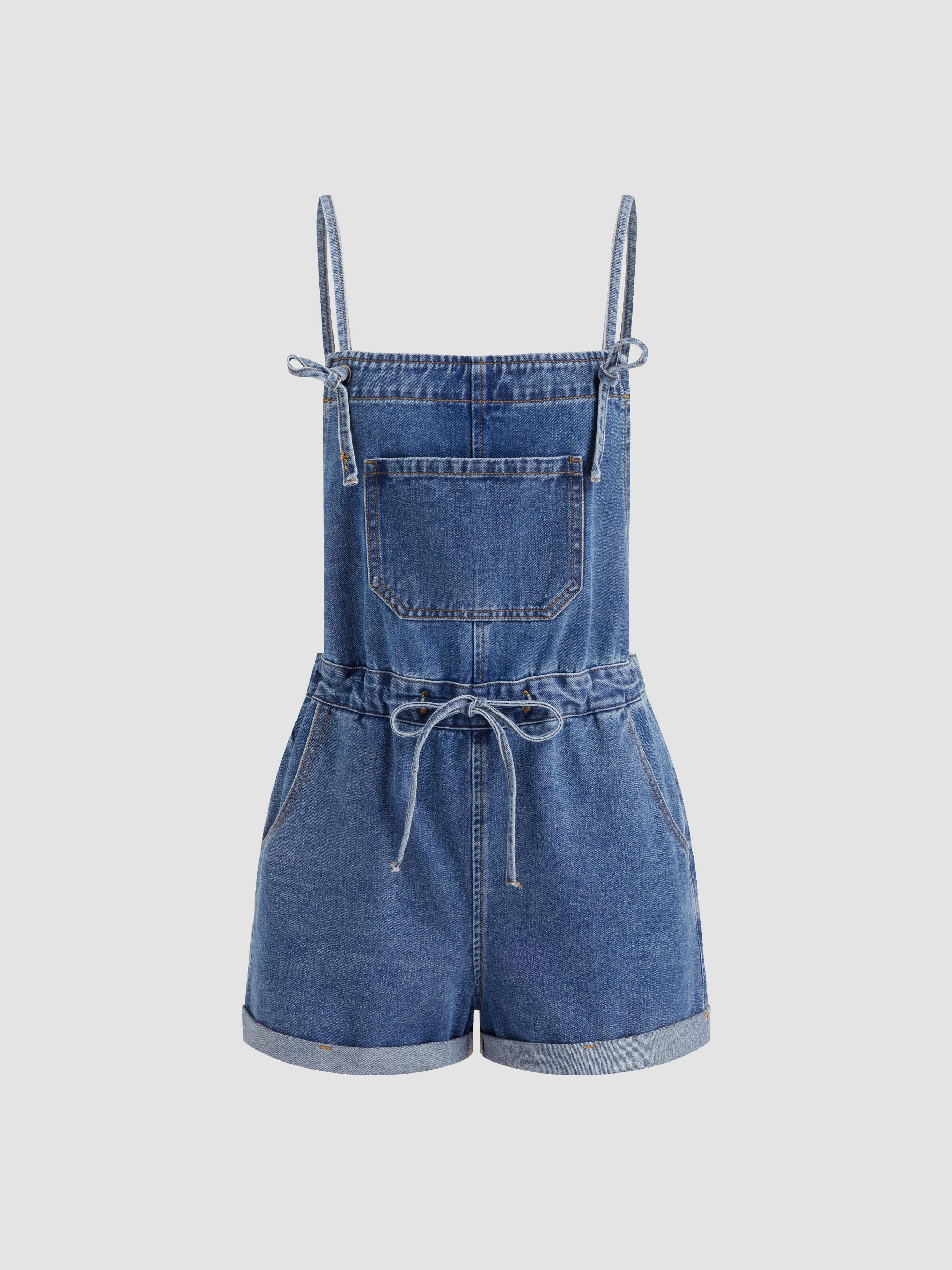 Denim Drawstring Knotted Roll Hem Romper by CIDER