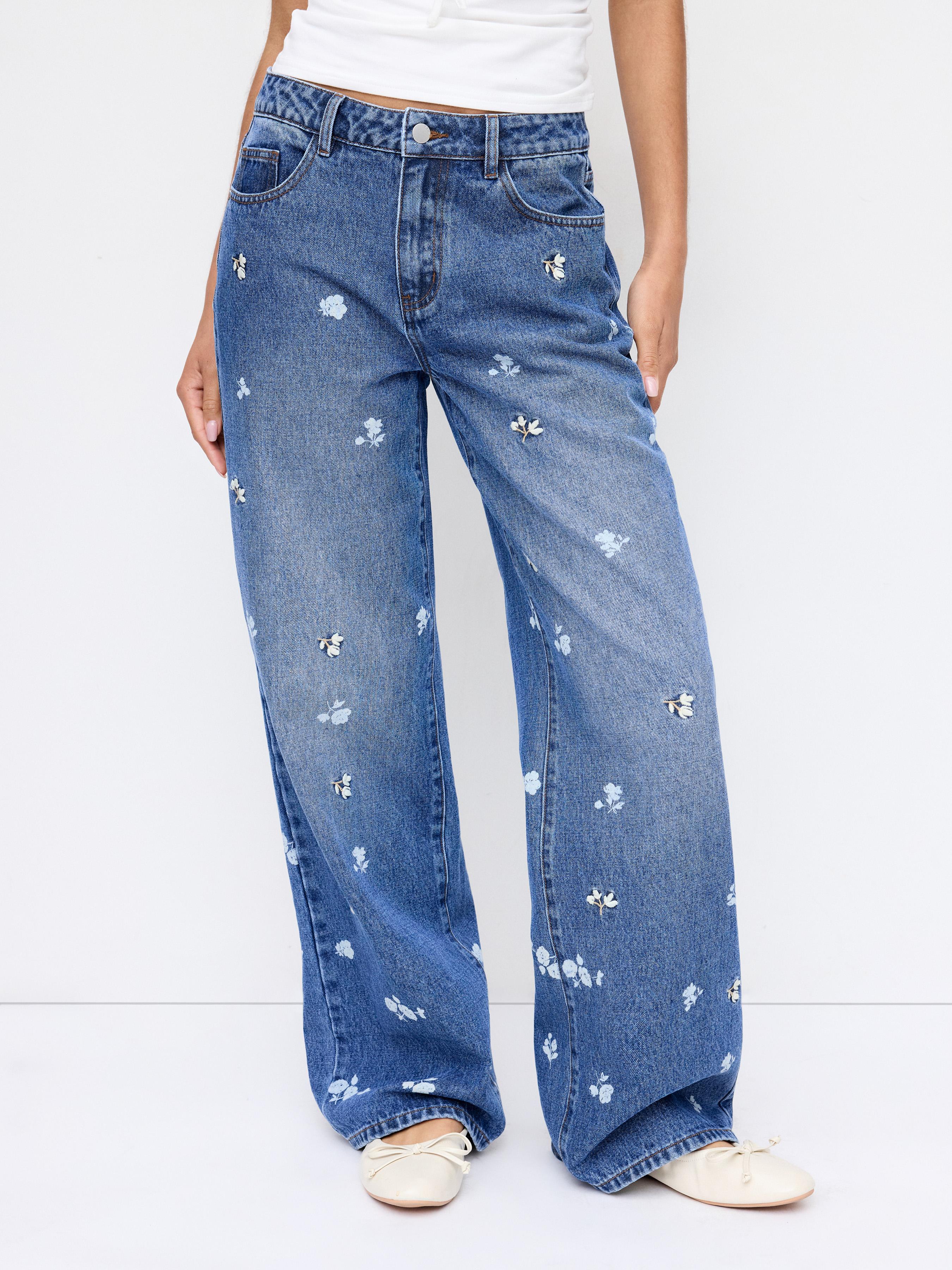 Denim Embroidery Ditsy Floral High Rise Wide Leg Jeans by CIDER