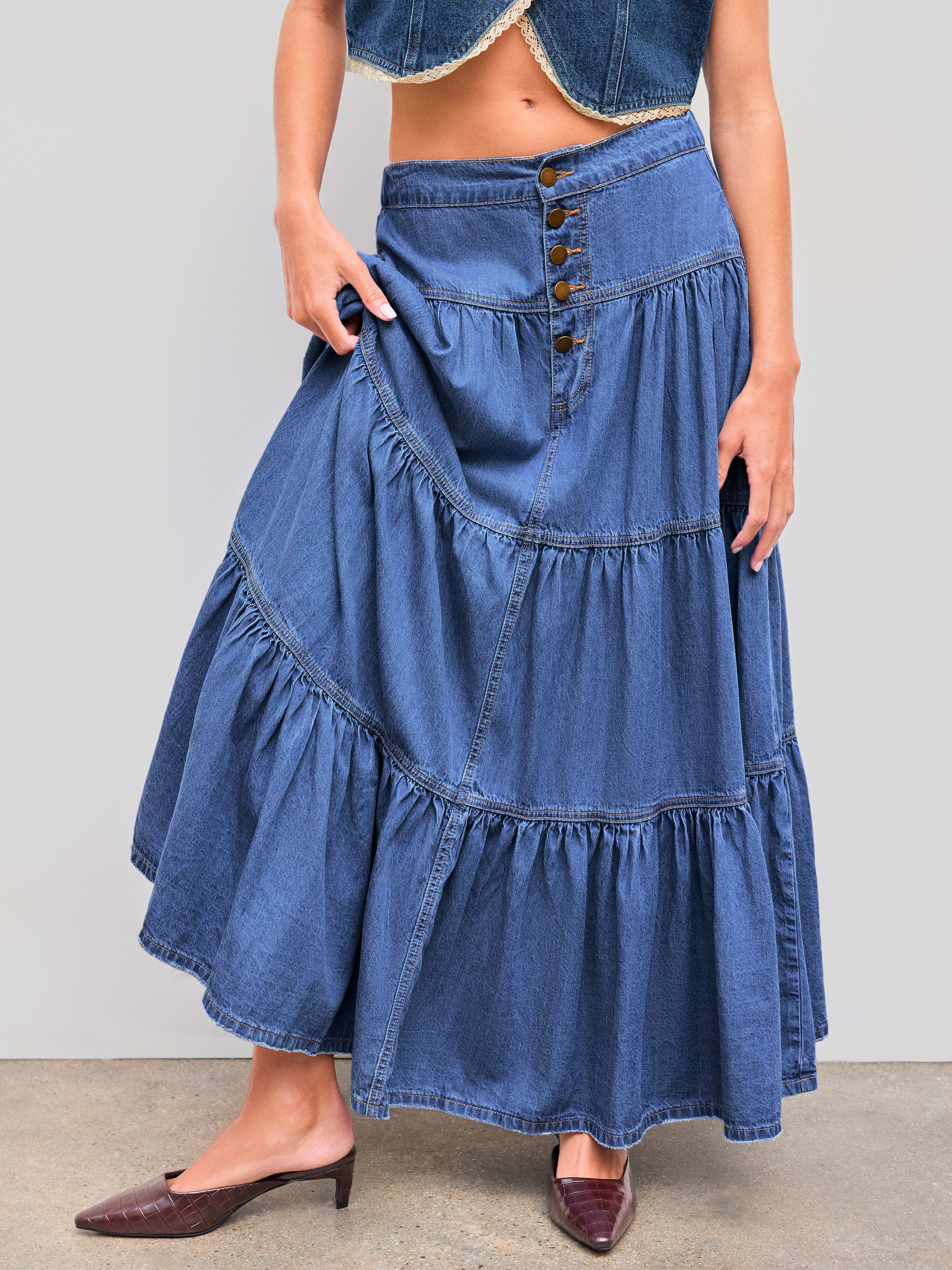 Denim High Rise Solid Tiered Button Pocket Maxi Skirt by CIDER