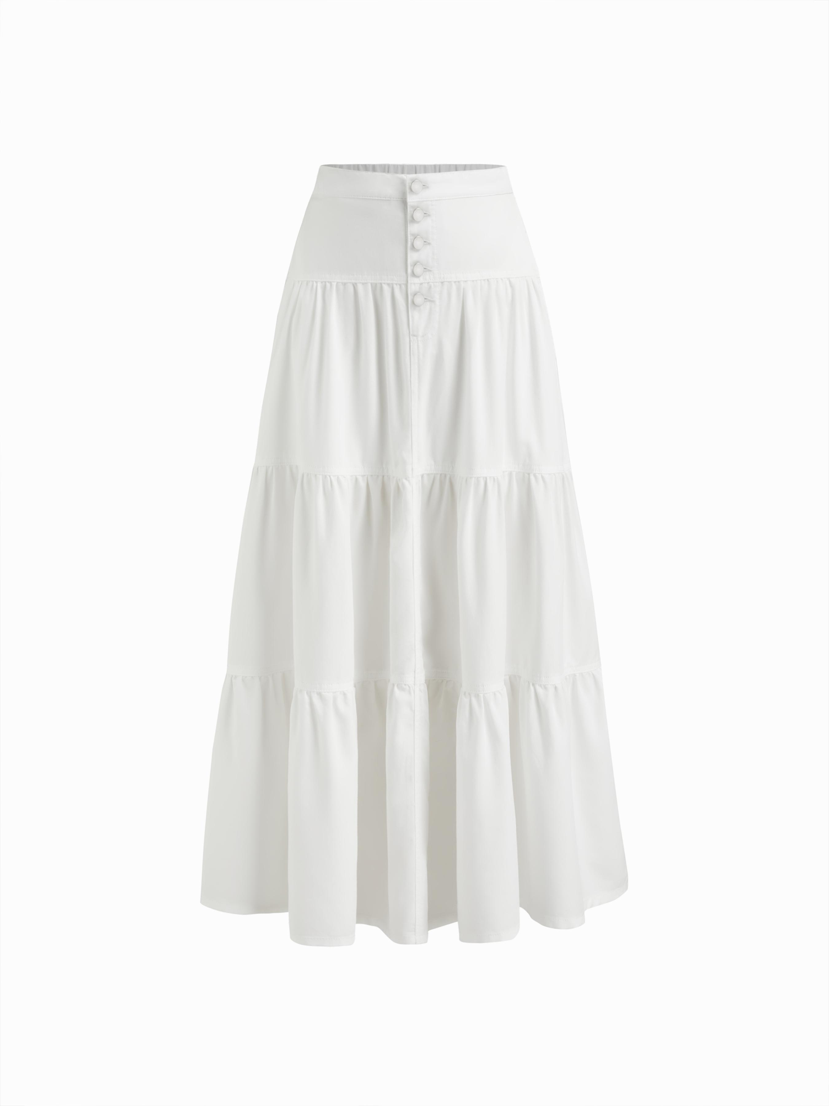 Denim High Rise Solid Tiered Button Pocket Maxi Skirt by CIDER