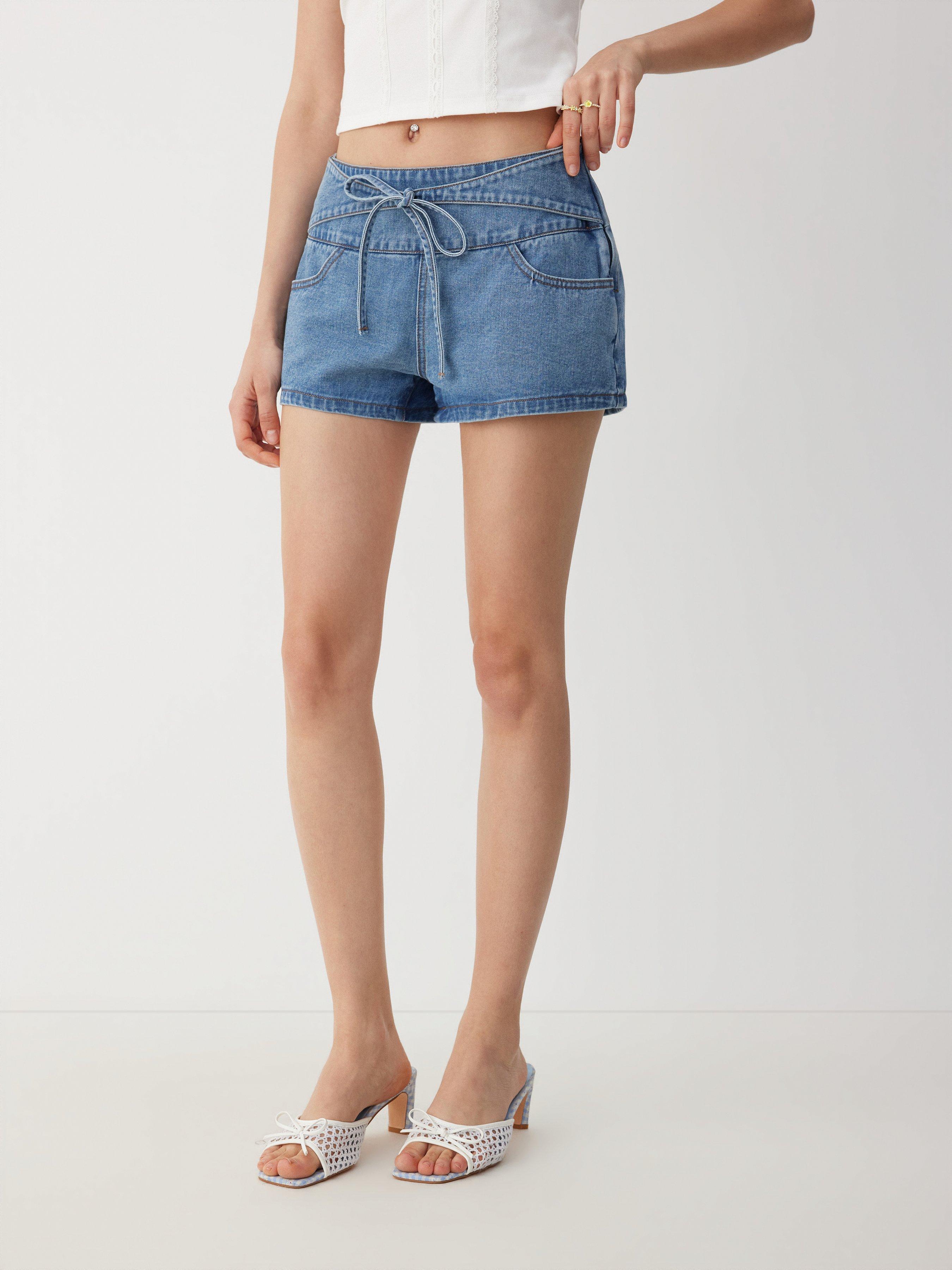 Denim High Rise Washed Drawstring Shorts by CIDER