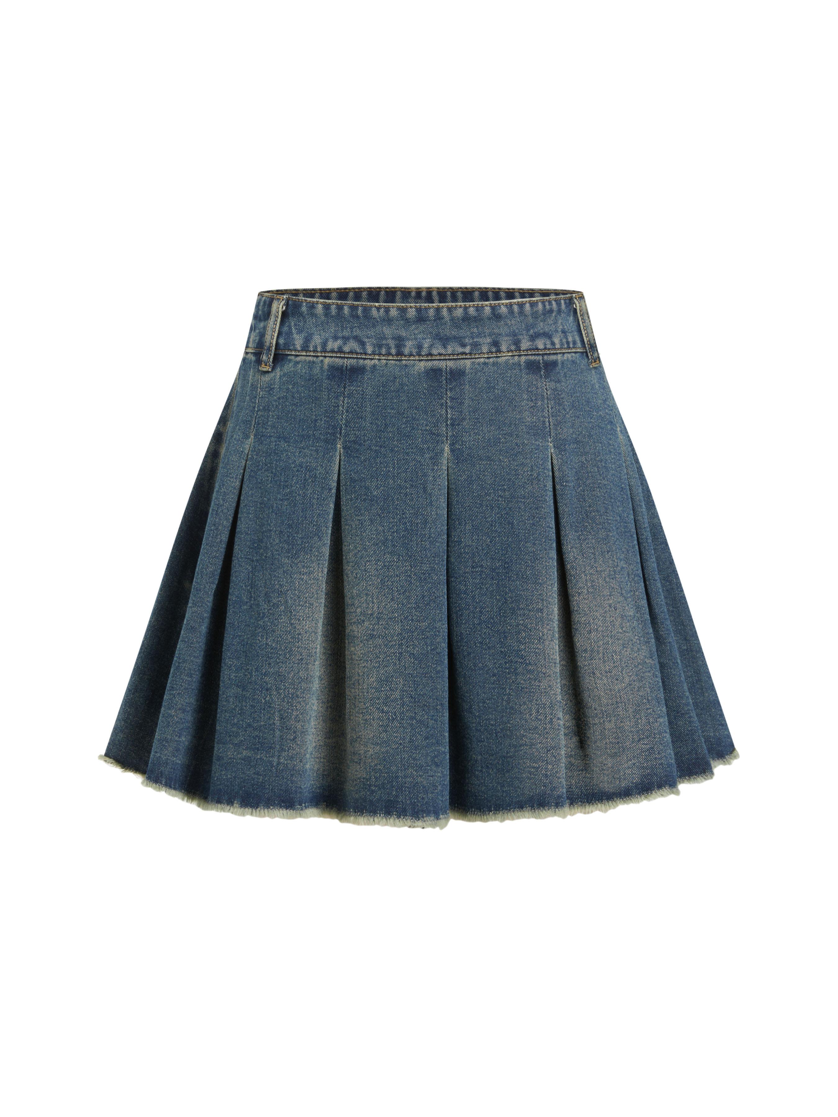 Denim High Waist Pleated Raw Hem Mini Skirt by CIDER