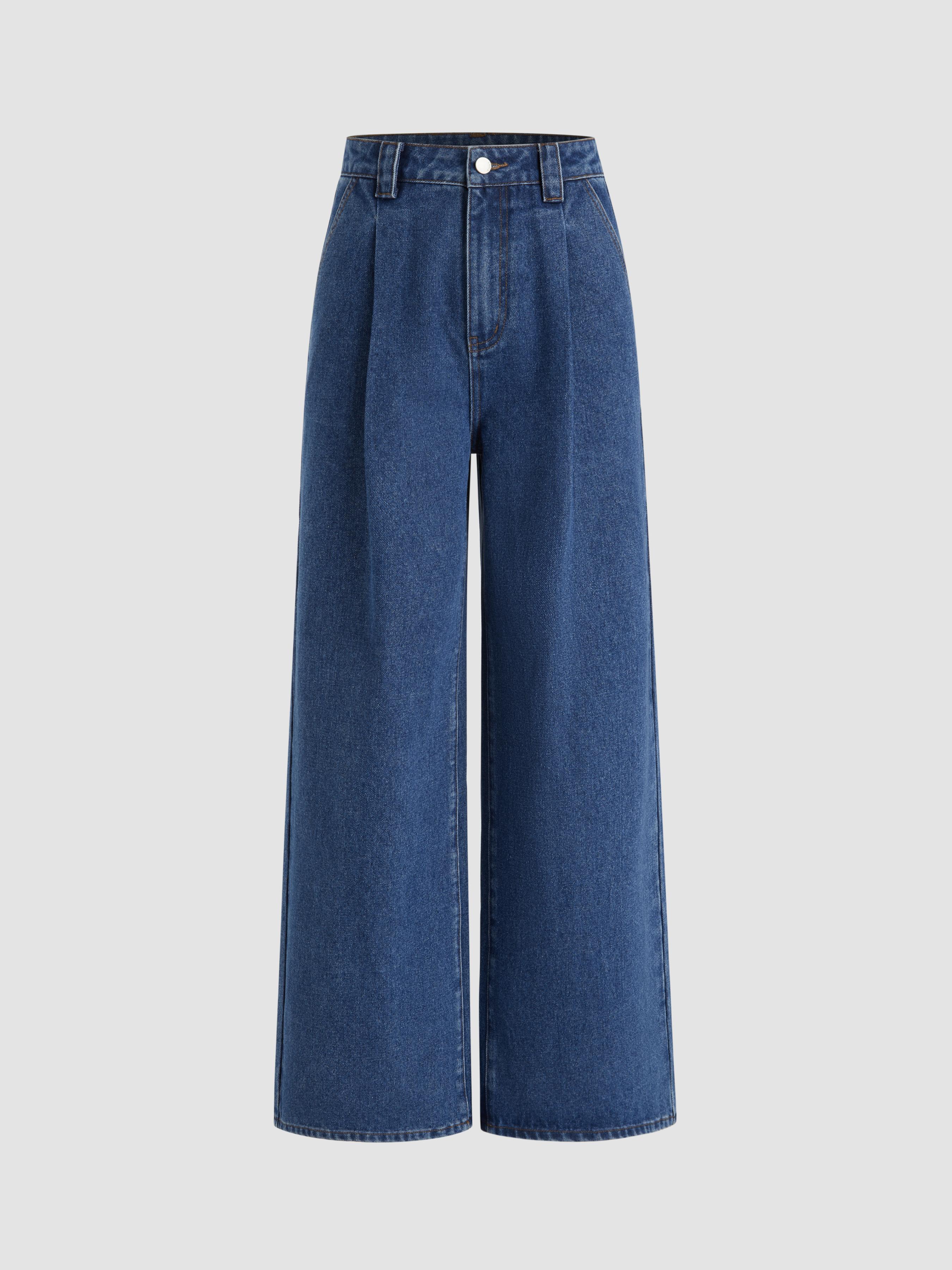 Denim High Waist Pleated Straight Leg Jeans by CIDER