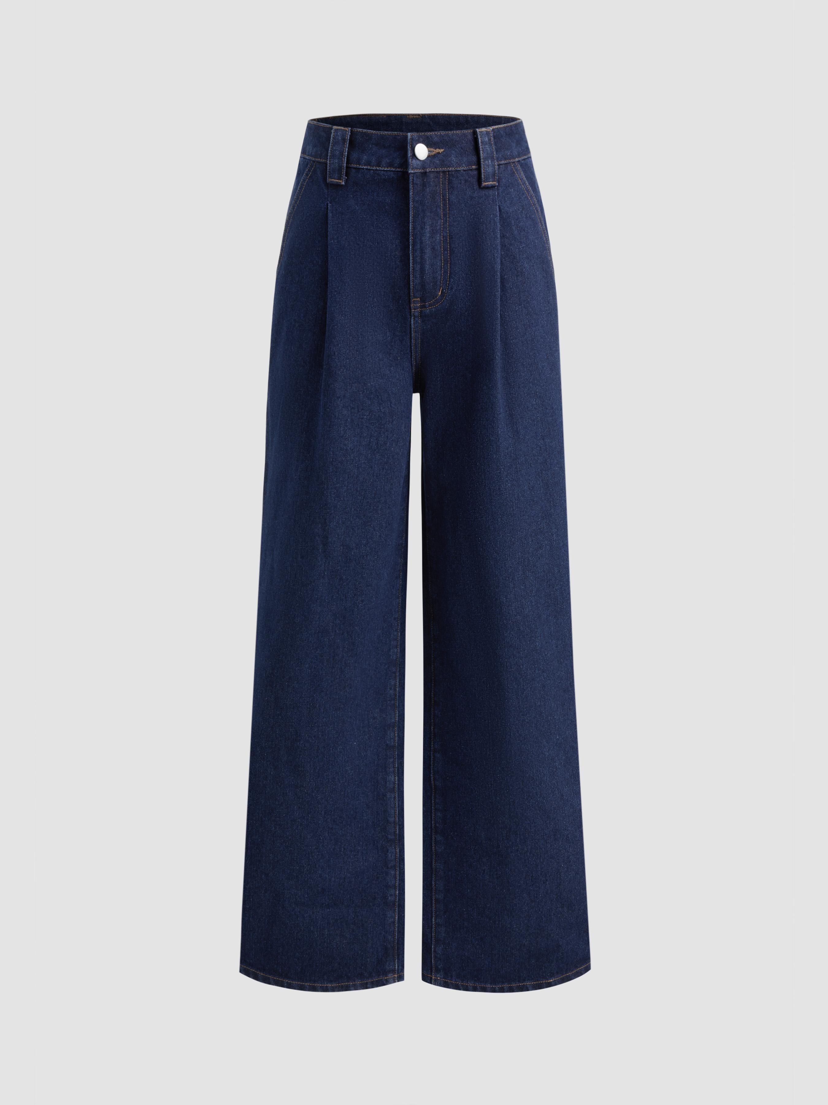 Denim High Waist Pleated Straight Leg Jeans by CIDER